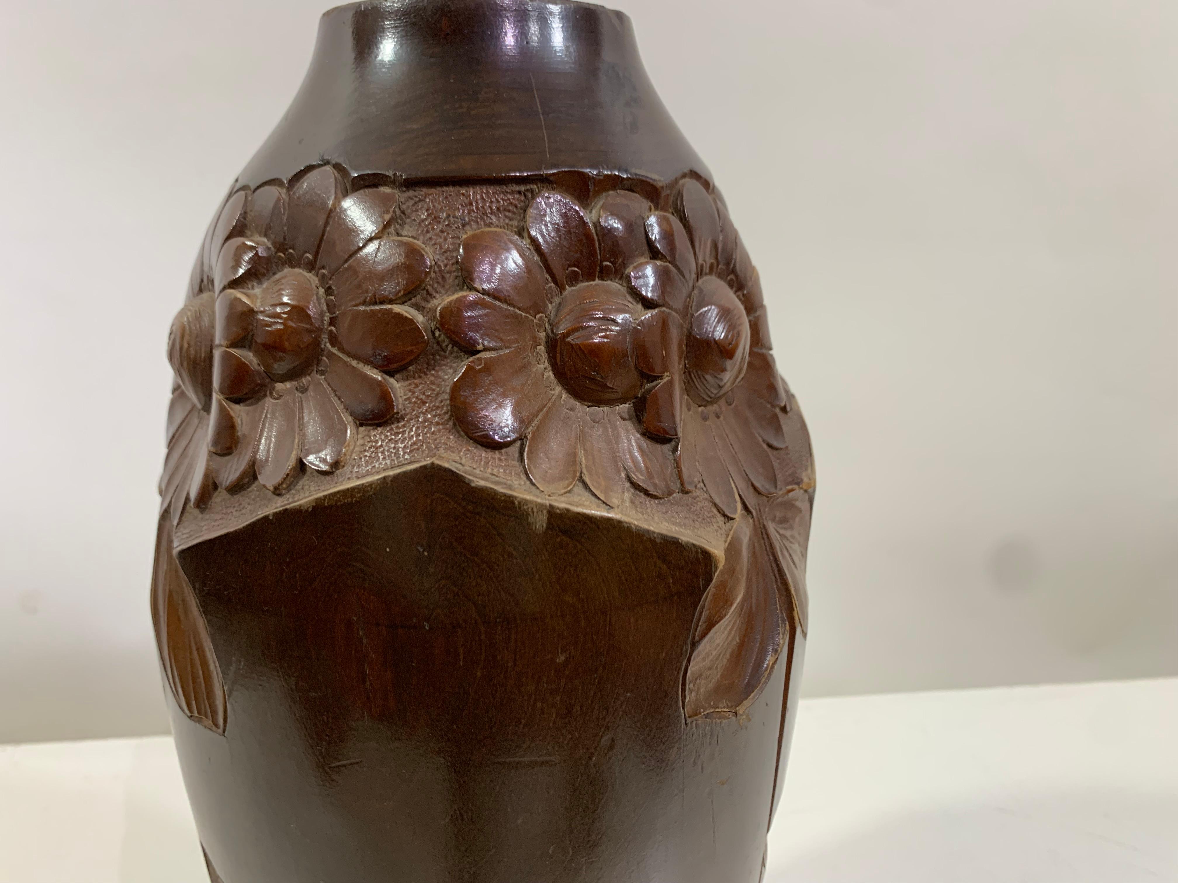 Hand-Carved Mid - 20th Century Vintage Hand Carved Wooden Vase 1 Signed Dupia For Sale