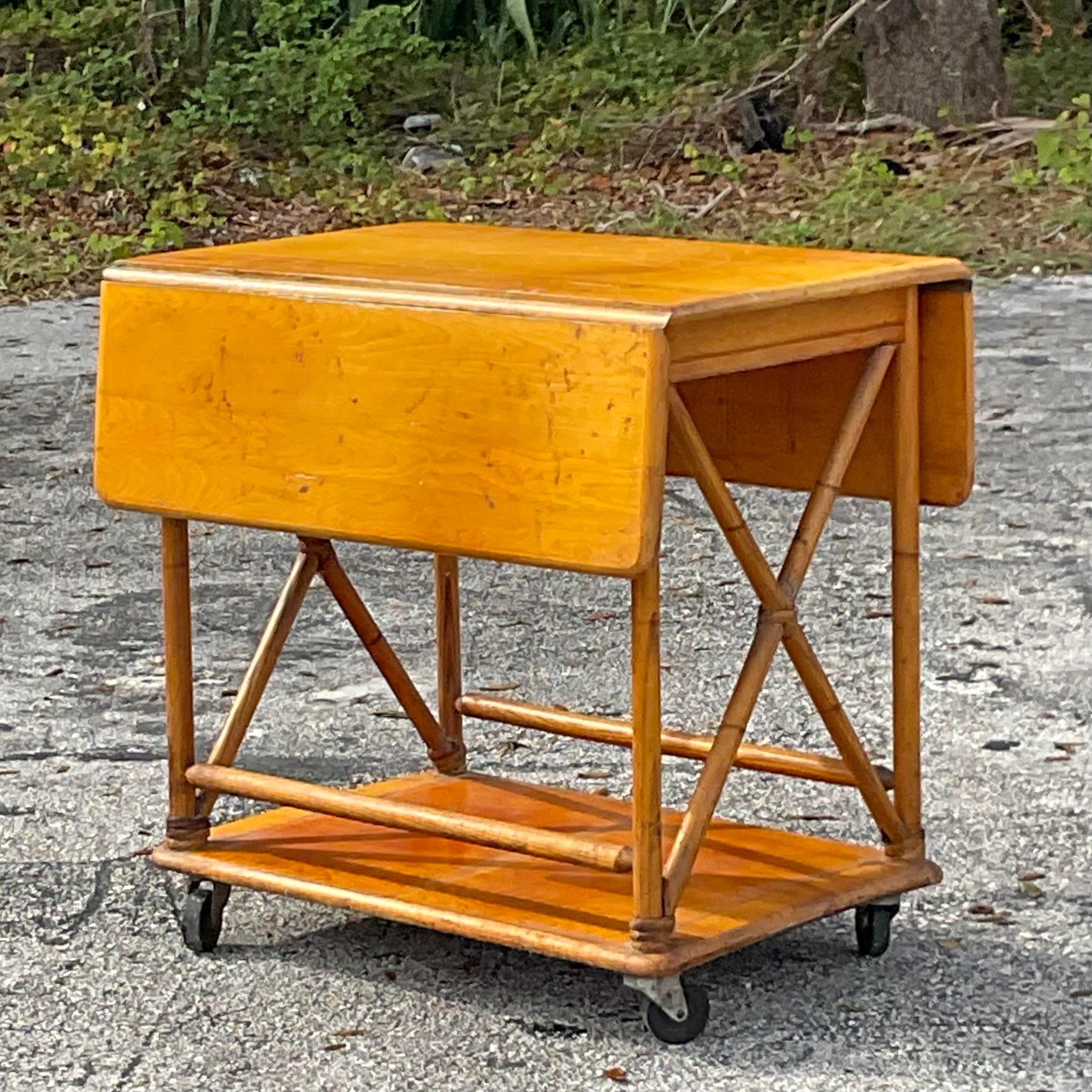 Mid 20th Century Vintage Heywood Wakefield Maple Bar Cart In Good Condition For Sale In west palm beach, FL