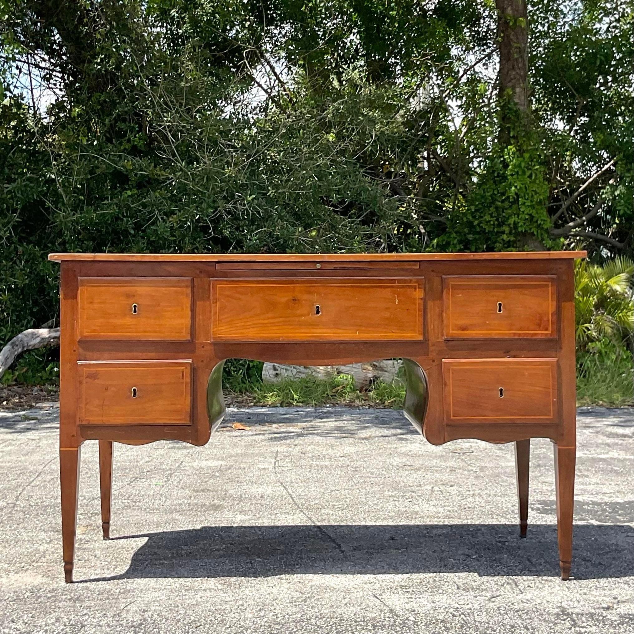 American Mid 20th Century Vintage Italian Inlay Partners Desk For Sale