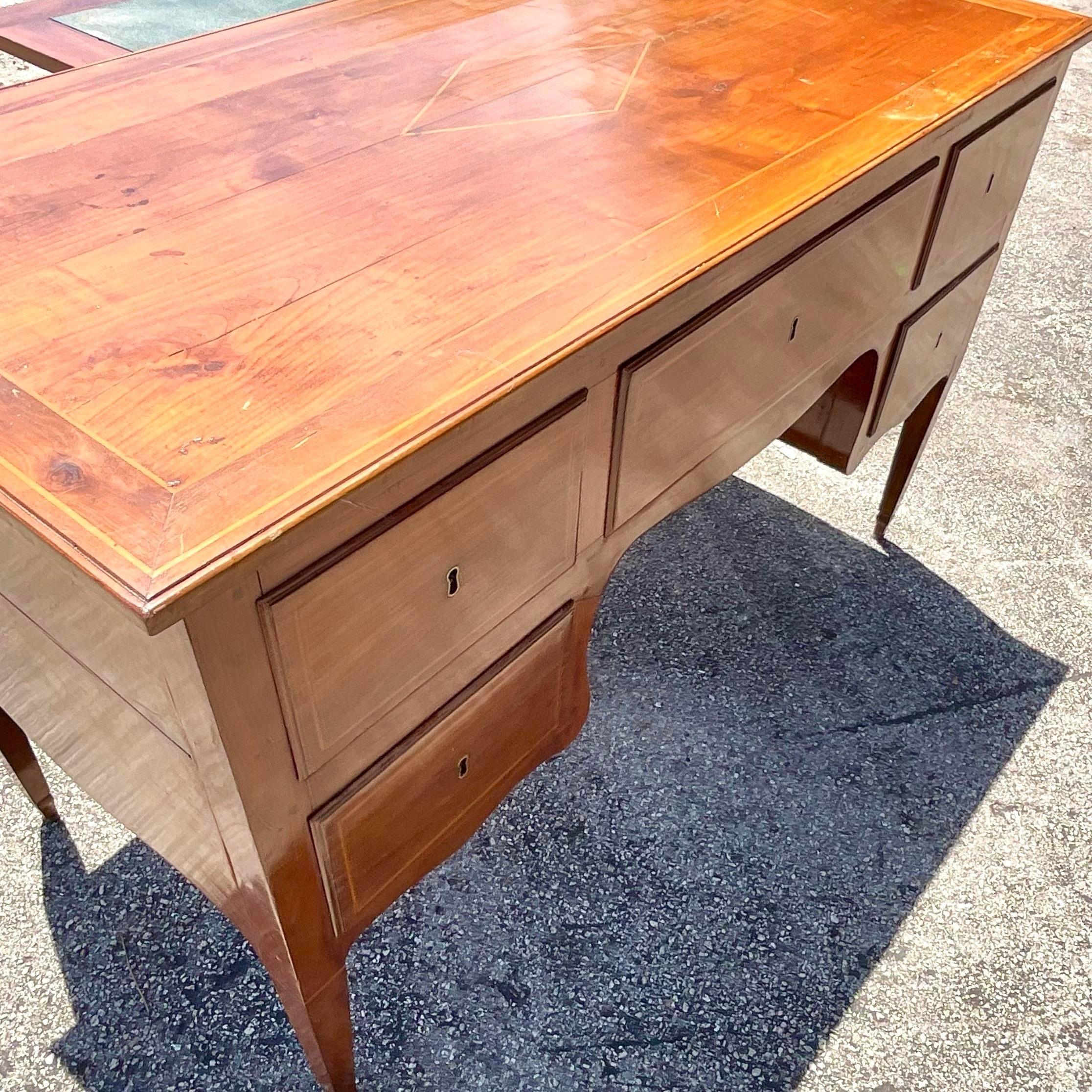 Leather Mid 20th Century Vintage Italian Inlay Partners Desk For Sale