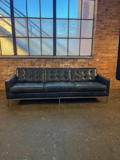 Mid 20th Century Vintage Knoll Chrome Frame Sofa With Weathered Black Leather