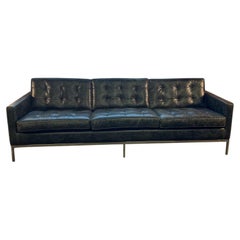 Mid 20th Century Vintage Knoll Chrome Frame Sofa With Weathered Black Leather