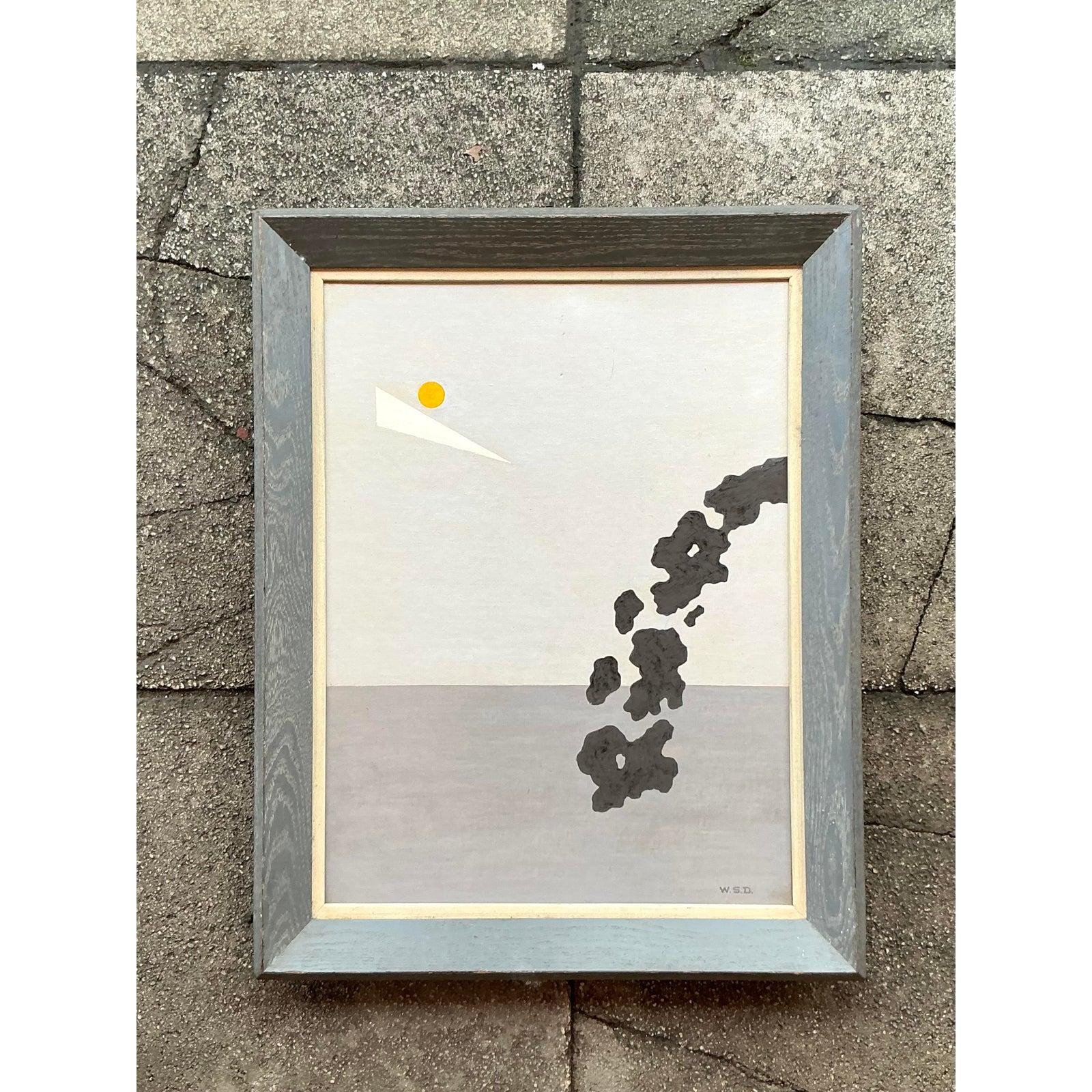 Dieses atemberaubende abstrakte Original-Ölgemälde im Vintage-Stil auf Karton fängt die Quintessenz des modernen Designs der Jahrhundertmitte ein. Dieses überzeugende Kunstwerk zeigt eine minimalistische Komposition mit geometrischen und organischen