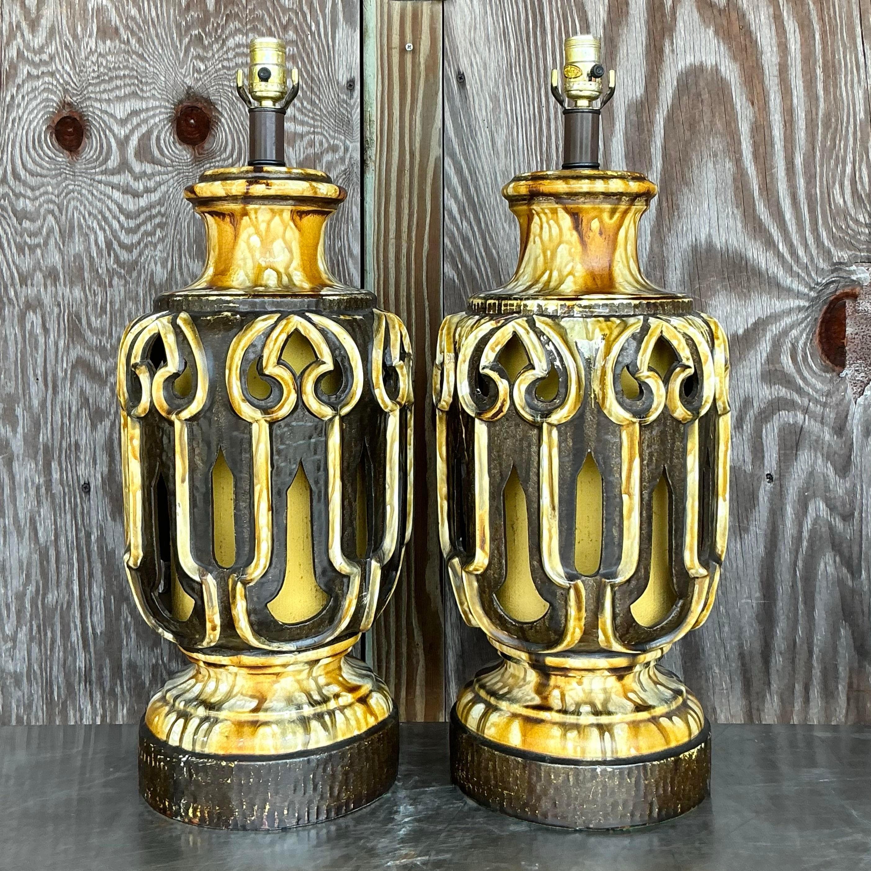 American Mid 20th Century Vintage Mid-Century Modern Glazed Ceramic Lamps - a Pair For Sale