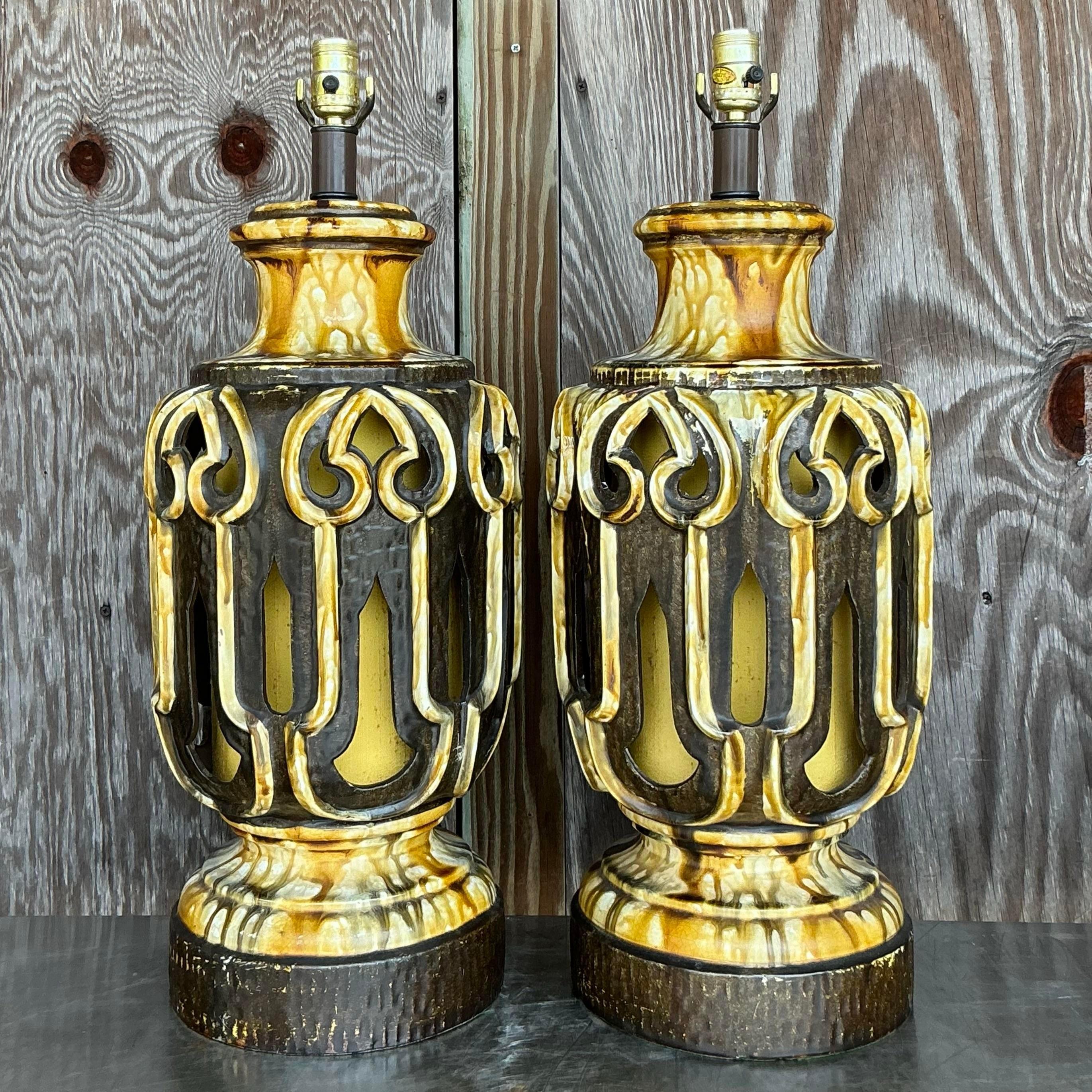 Mid 20th Century Vintage Mid-Century Modern Glazed Ceramic Lamps - a Pair For Sale 1