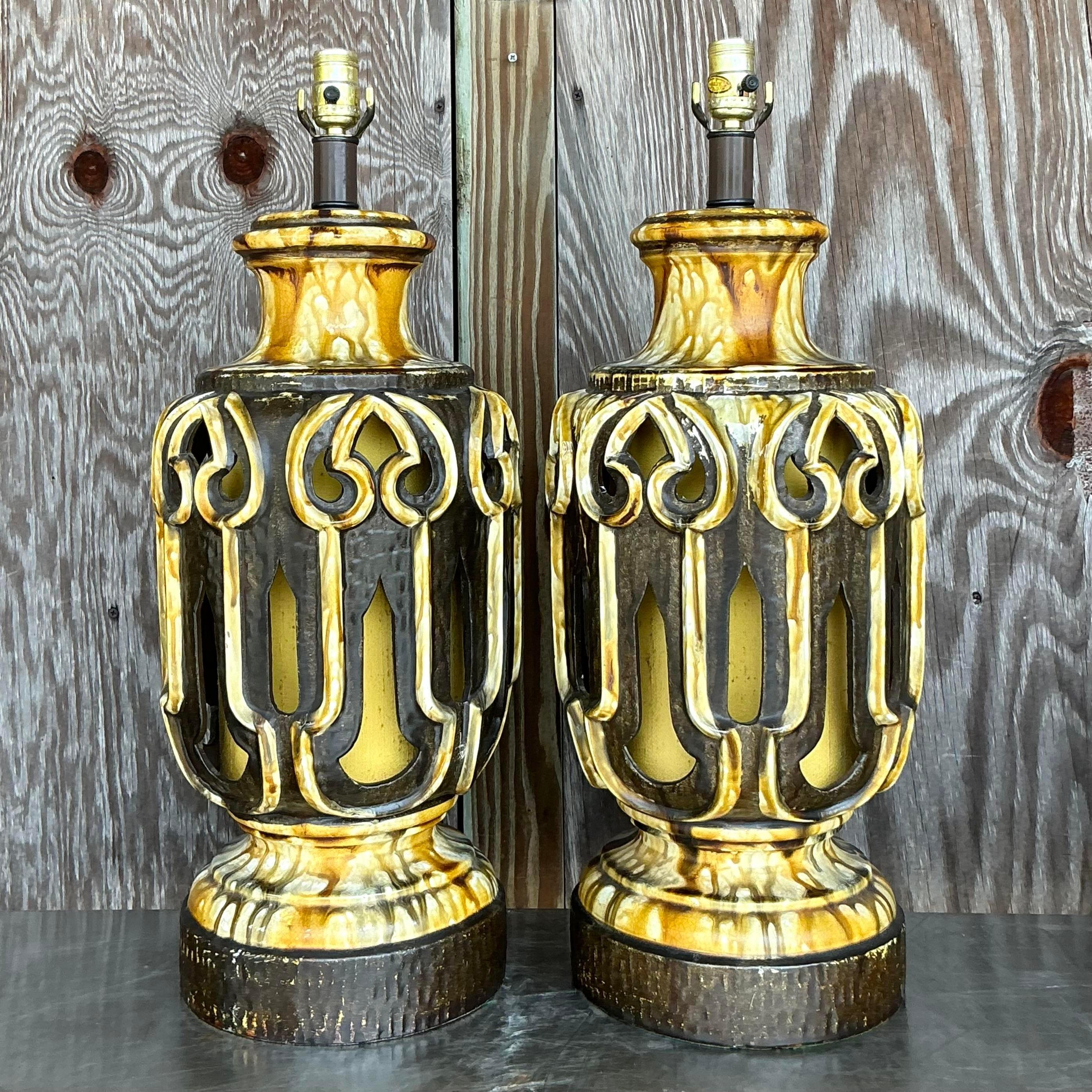 Mid 20th Century Vintage Mid-Century Modern Glazed Ceramic Lamps - a Pair For Sale 4