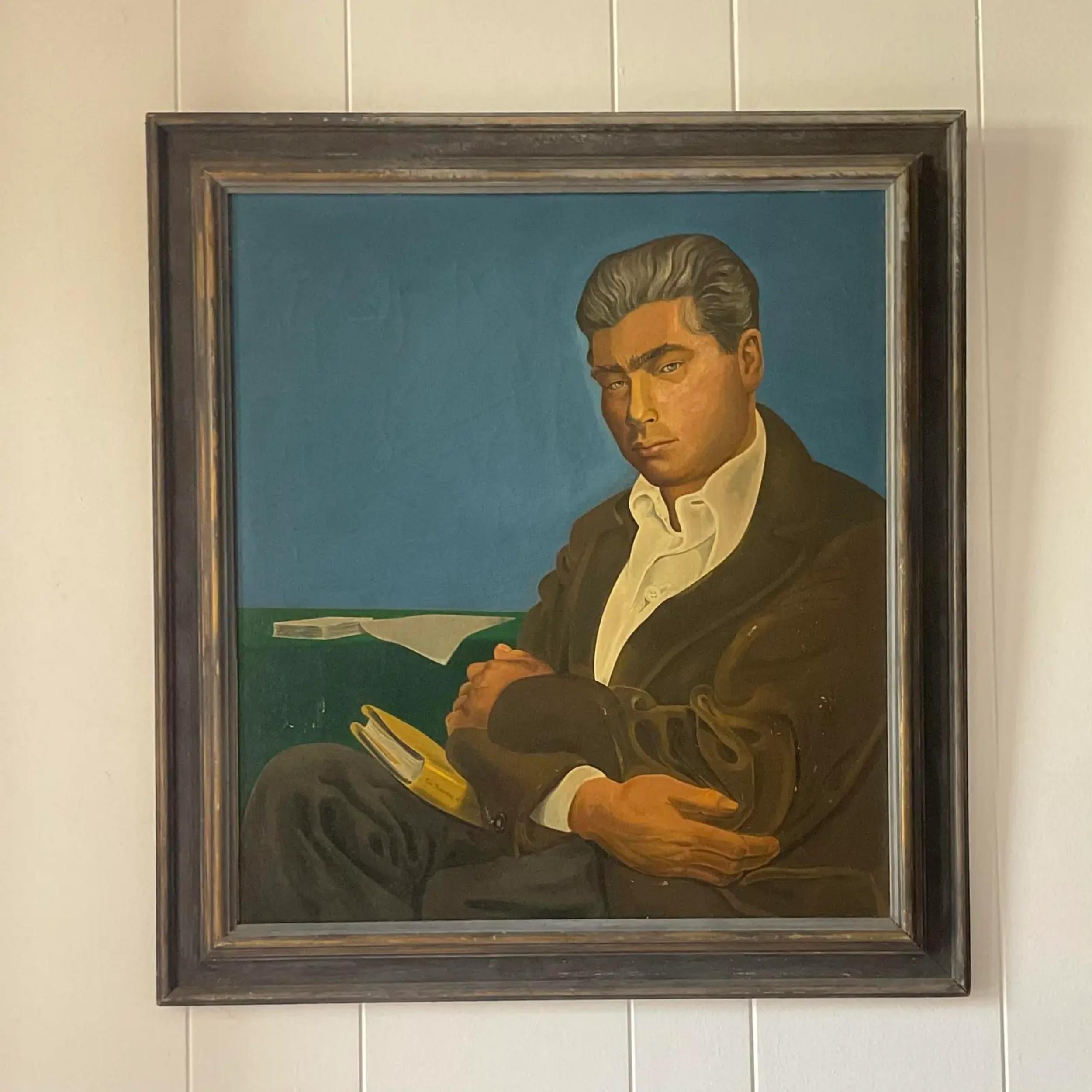 A fabulous vintage signed original oil portrait. A period composition of a man with his arms crossed. Signed by the artist. Acquired from a New Jersey estate.