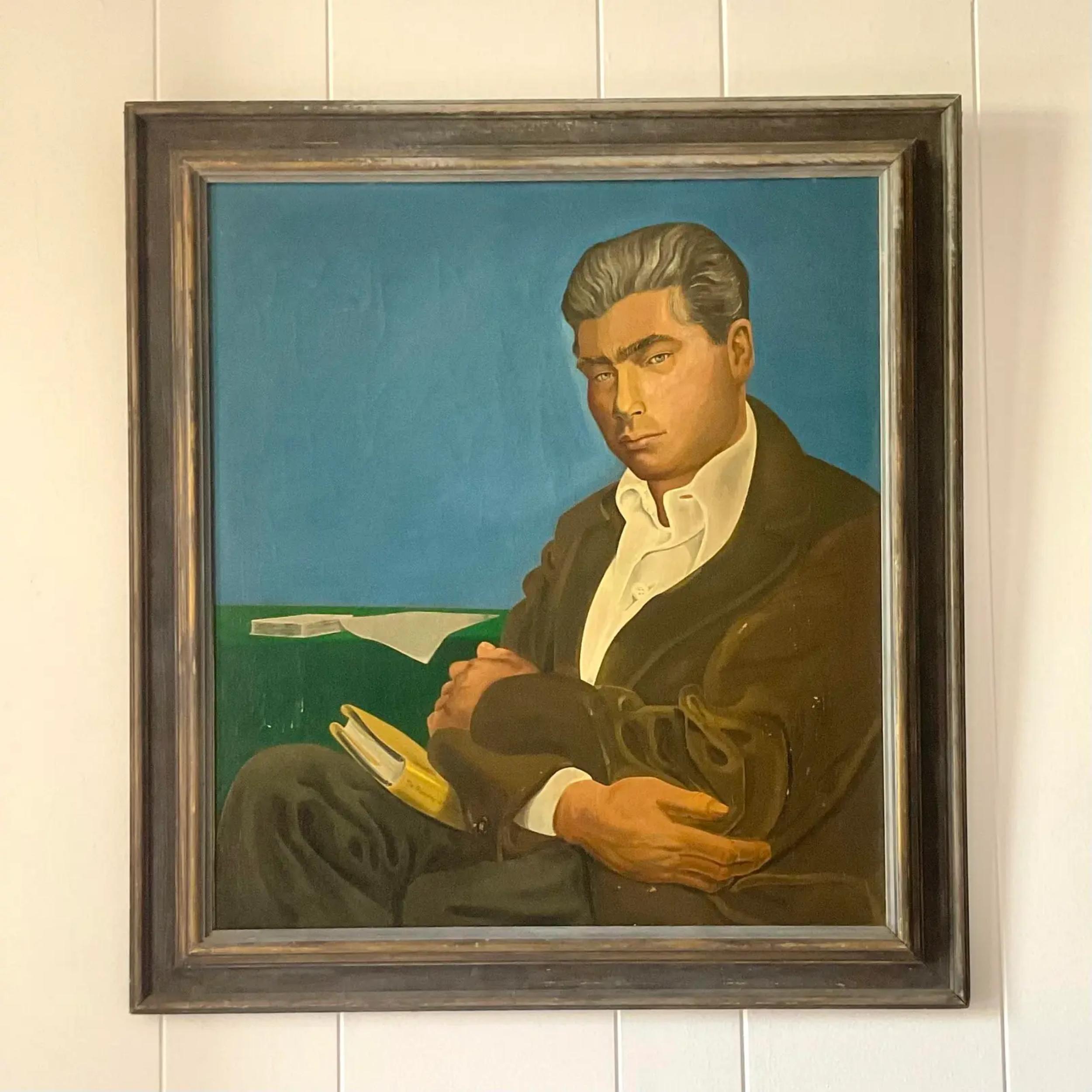 American Mid 20th Century Vintage Mid-Century Modern Signed Original Oil Portrait of Man For Sale