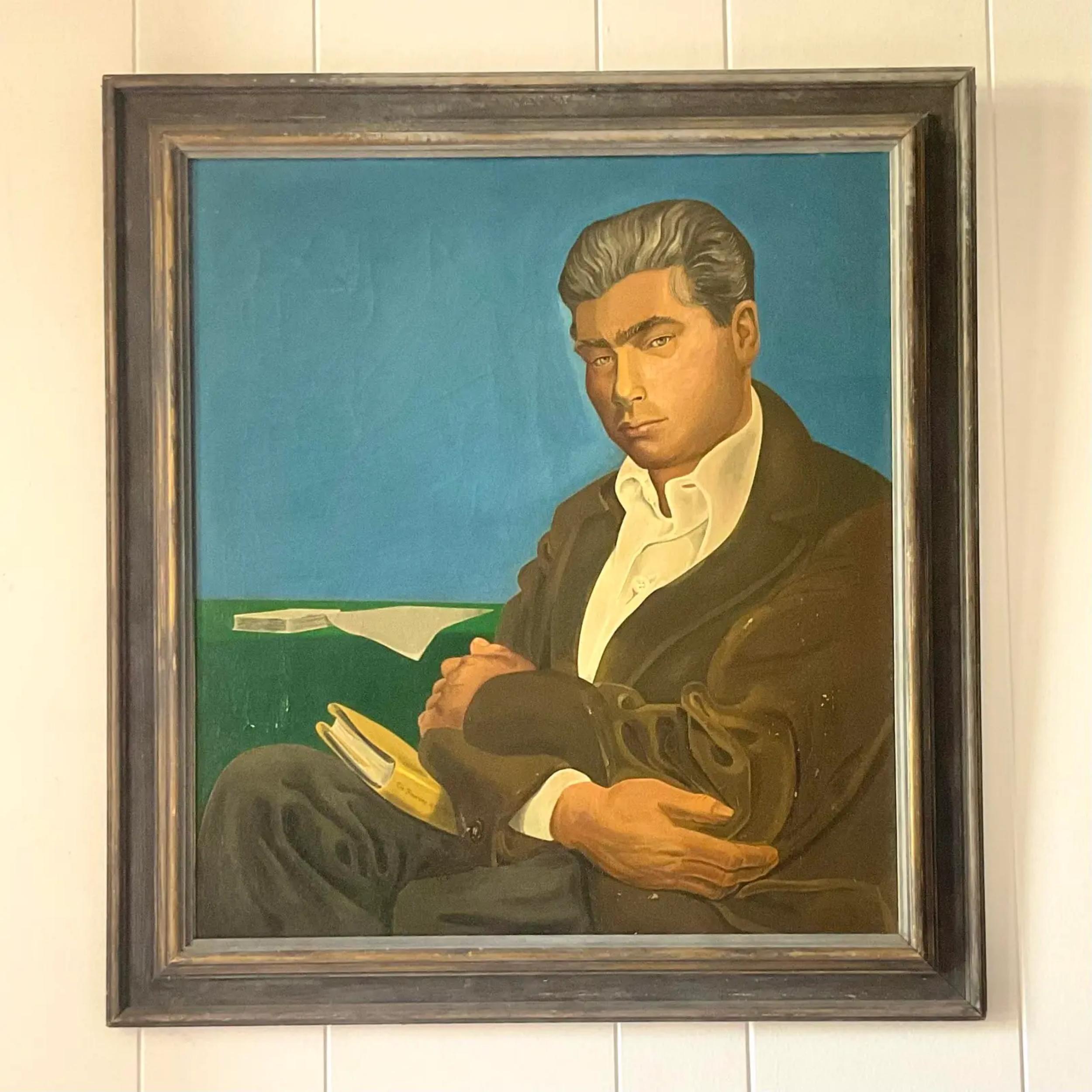 Mid 20th Century Vintage Mid-Century Modern Signed Original Oil Portrait of Man In Good Condition For Sale In west palm beach, FL