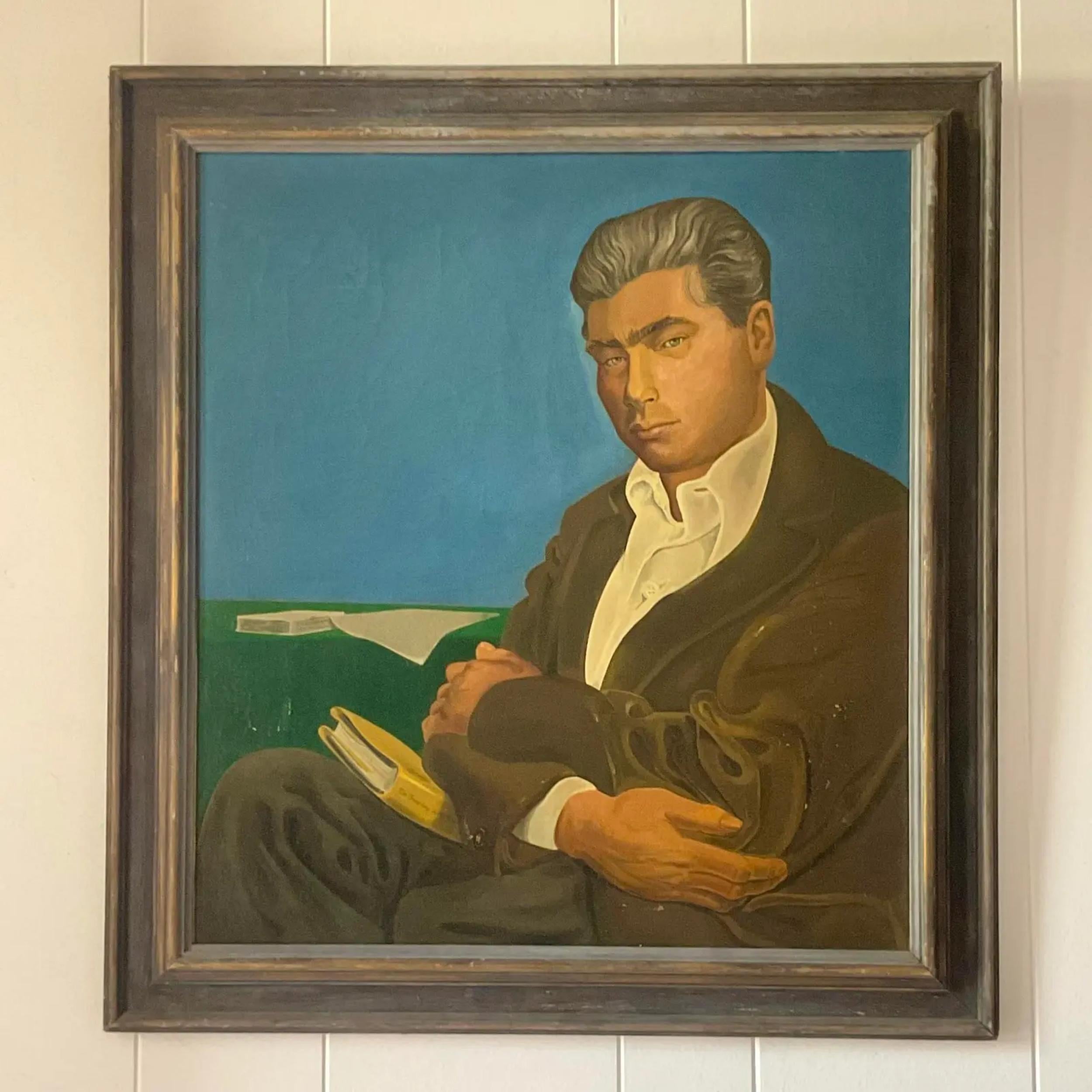 Canvas Mid 20th Century Vintage Mid-Century Modern Signed Original Oil Portrait of Man For Sale