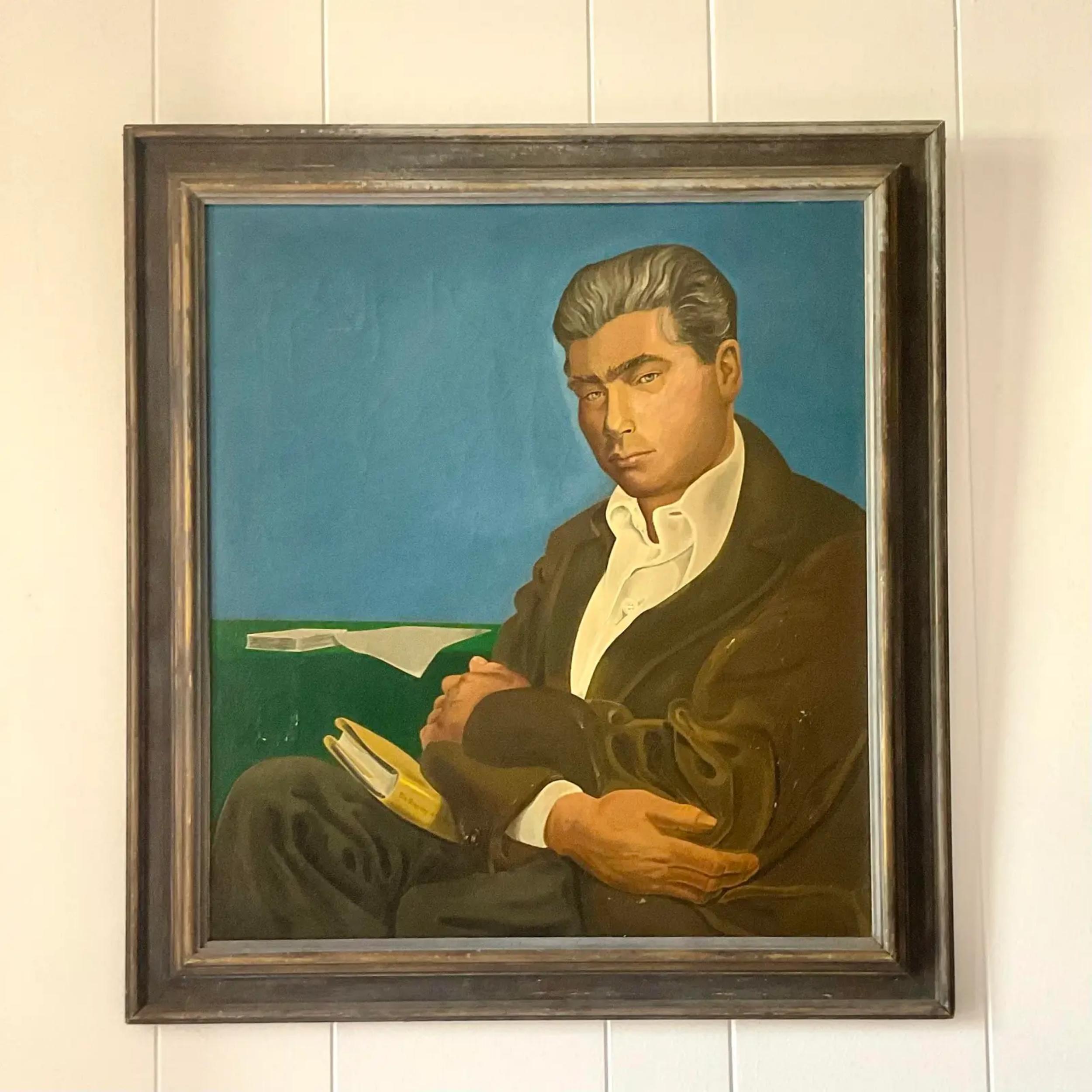Mid 20th Century Vintage Mid-Century Modern Signed Original Oil Portrait of Man For Sale 1