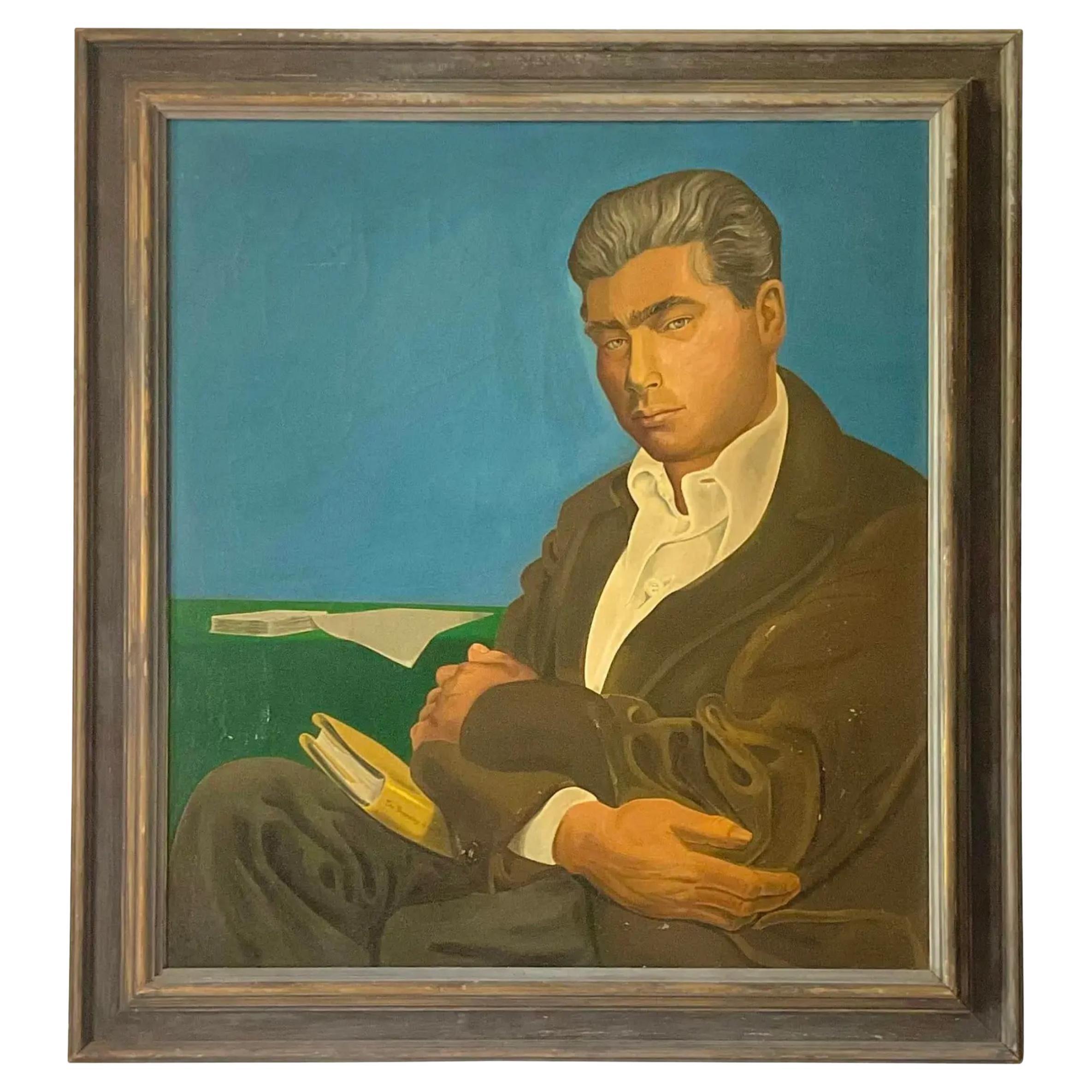 Mid 20th Century Vintage Mid-Century Modern Signed Original Oil Portrait of Man