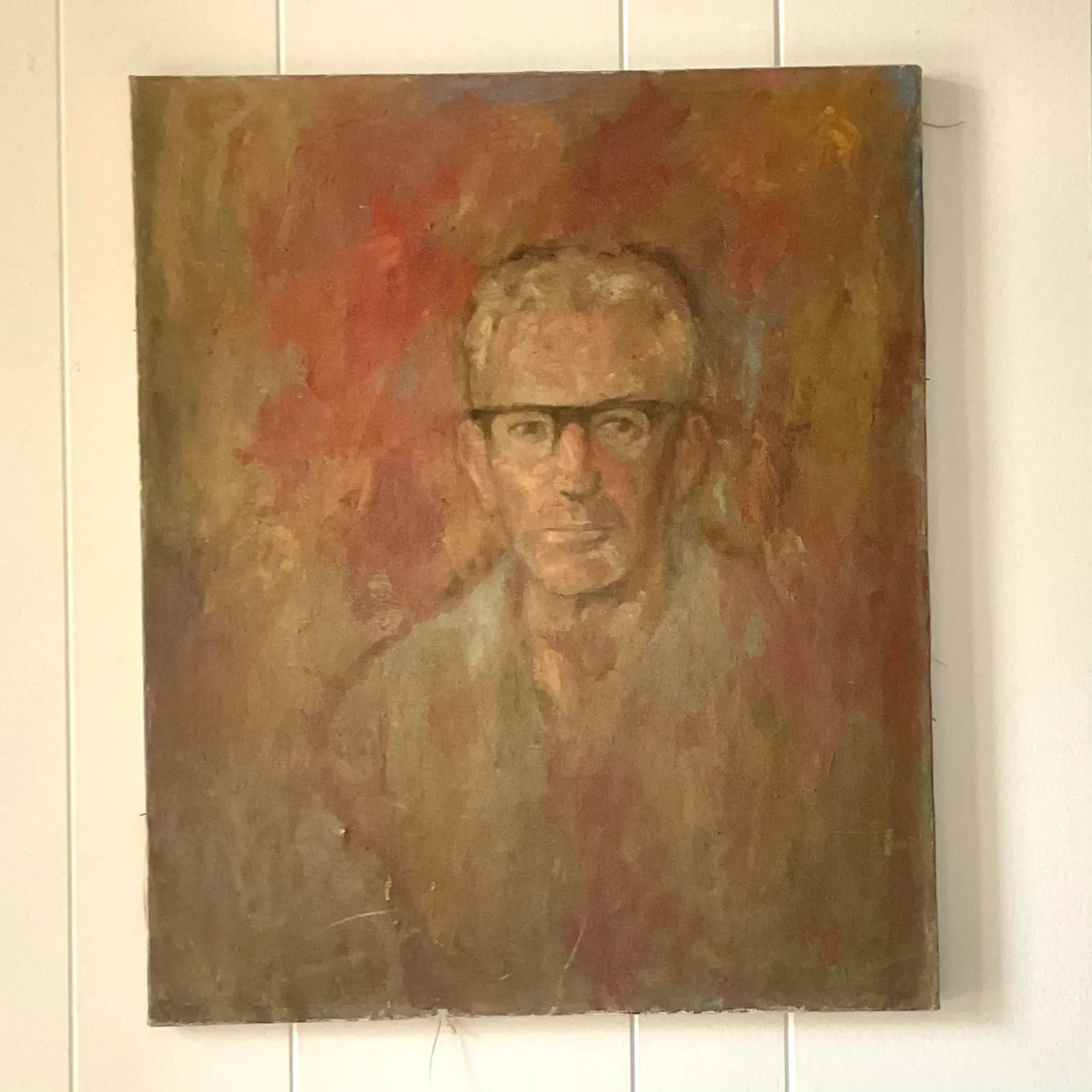 A fantastic vintage original oil painting on canvas. A chic MCM portrait of a dashing man in glasses.signed by the artist. Acquired from a Palm Beach estate