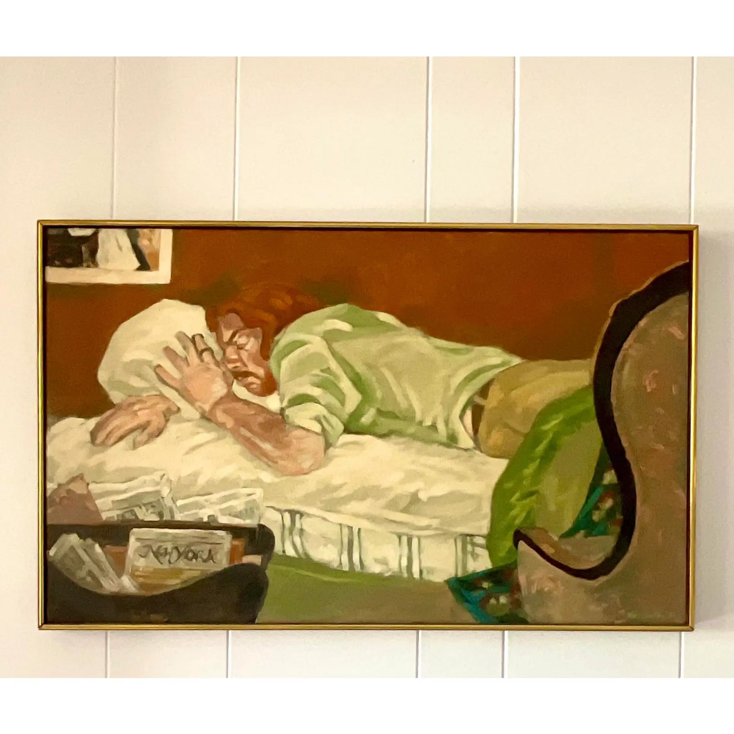 A fantastic vintage MCM original oil painting on canvas. A chic Figural composition of a man at rest. Signed by the artist. Acquired from a NY estate