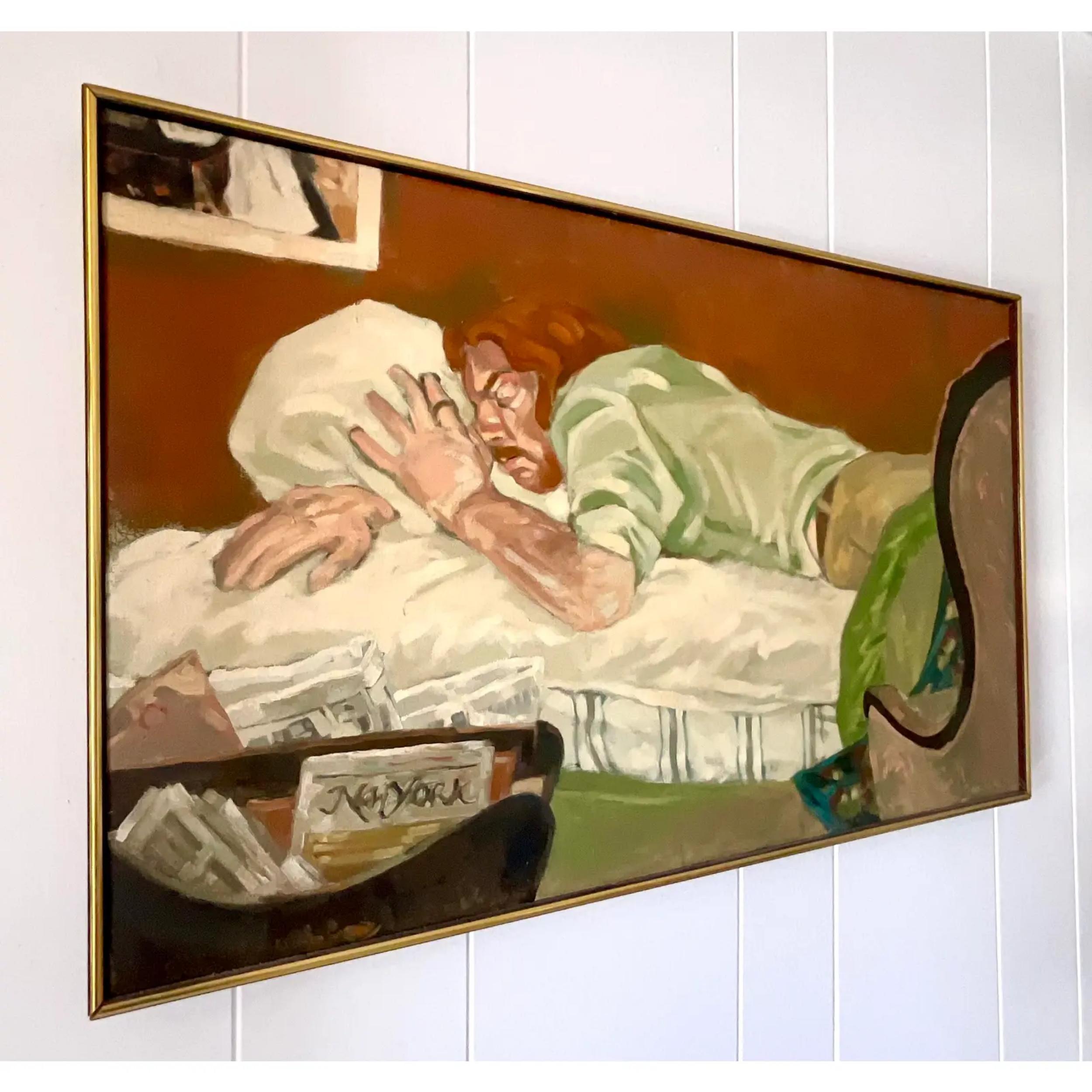 Mid-Century Modern Mid 20th Century Vintage Signed Original Oil Figural Painting on Canvas For Sale