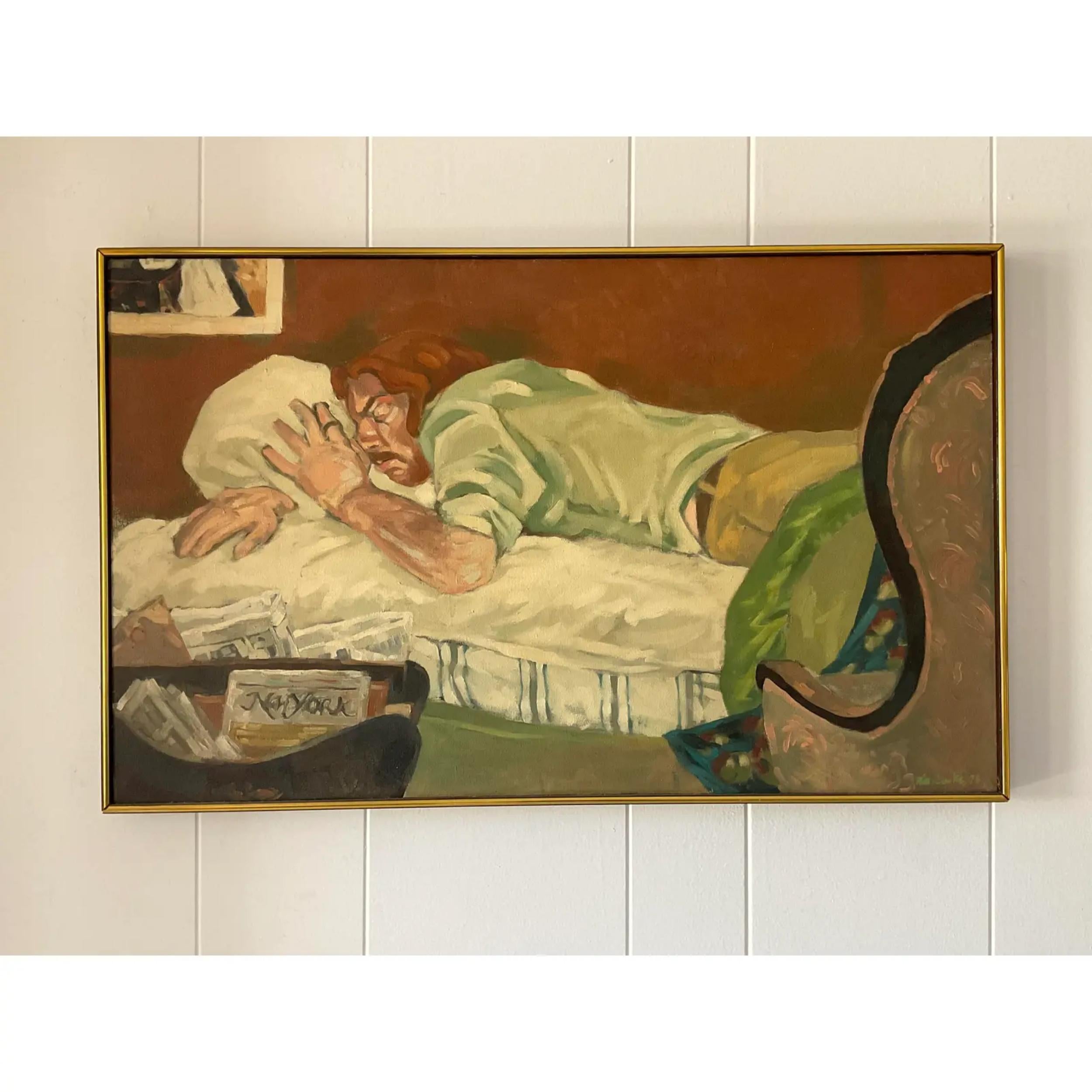 American Mid 20th Century Vintage Signed Original Oil Figural Painting on Canvas For Sale