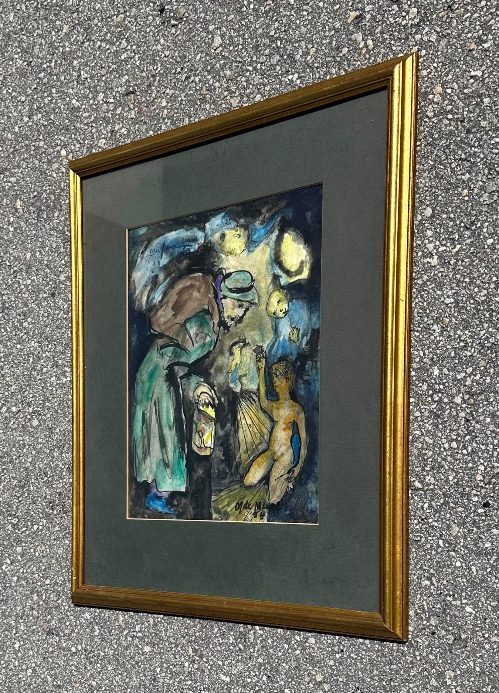 Este cuadro único parece una gran mujer mayor con sombrero y capa inclinada sobre un ser desnudo más pequeño. Hay mucho que interpretar en esta pieza alucinante. El uso de verdes y azules apagados rodeados de un fondo oscuro hace que la combinación
