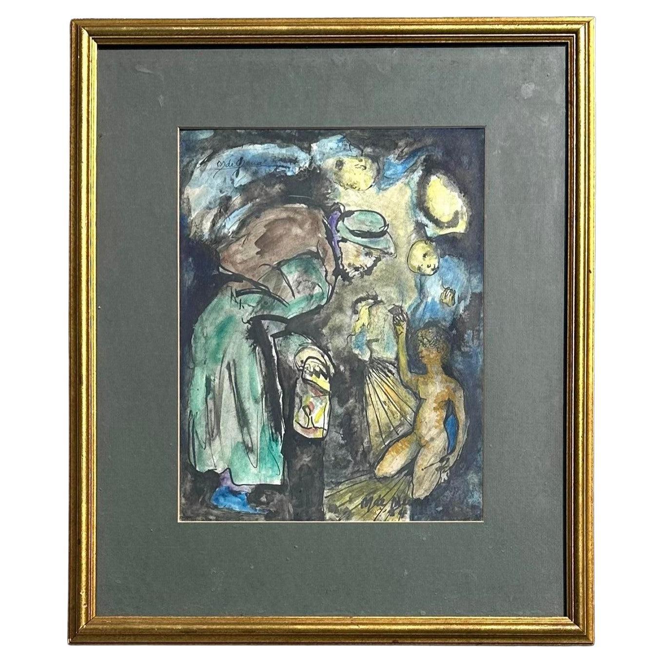 Óleo sobre lienzo abstracto original de mediados del siglo XX de una anciana en venta