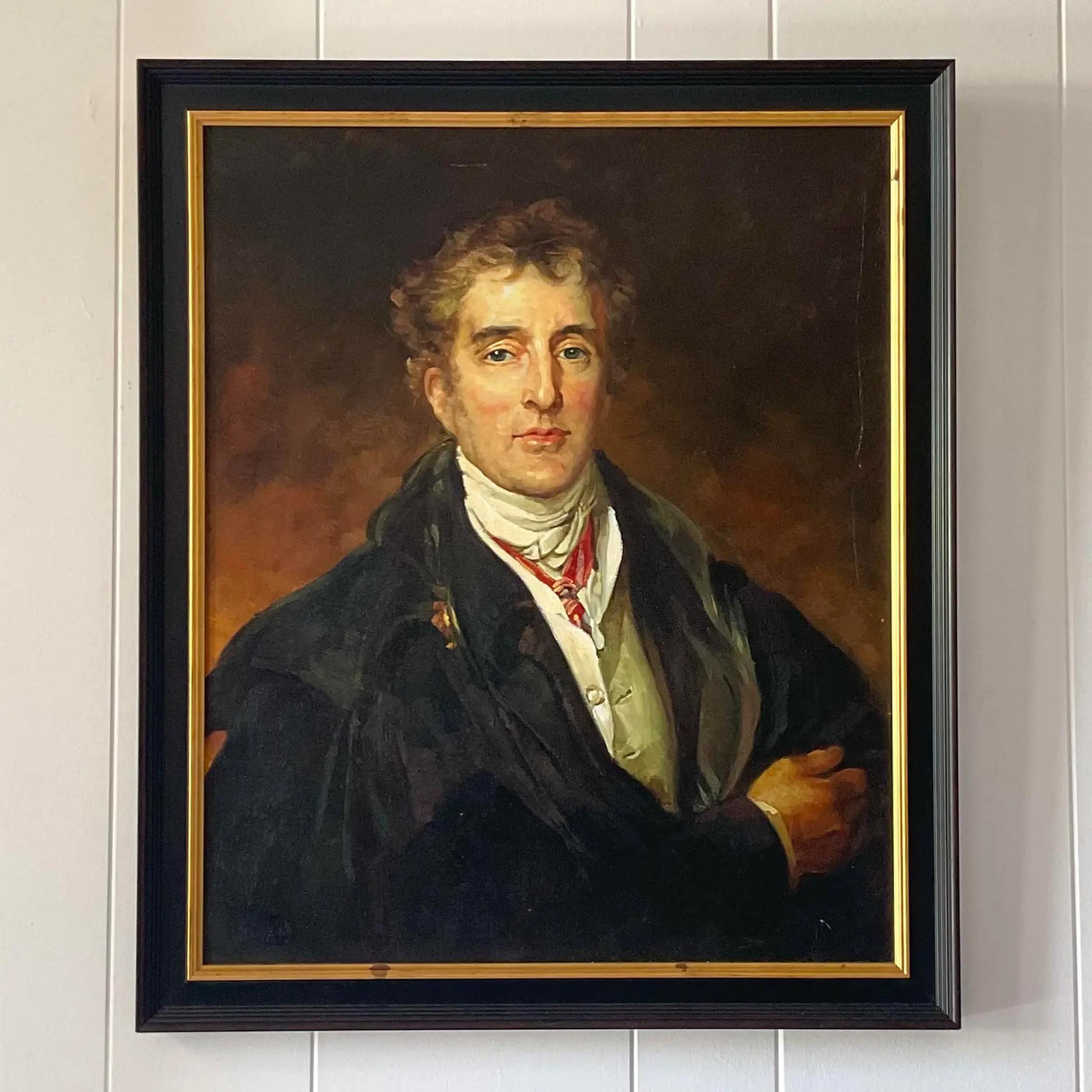 A fabulous vintage original oil portrait on canvas. A classic composition of a well dressed nobleman. Unsigned. Acquired from a Palm Beach estate.