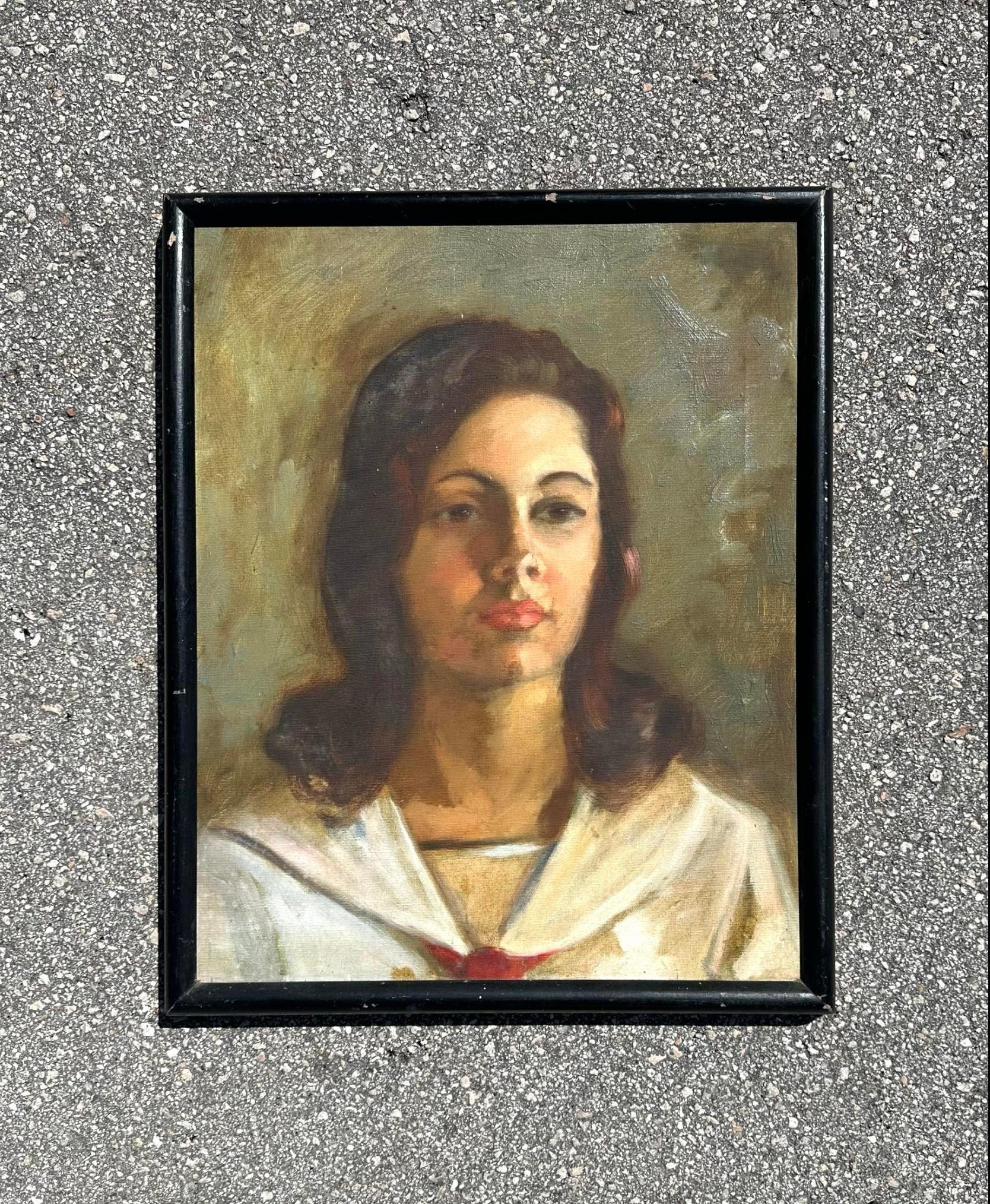 Mid 20th Century Vintage Original Oil Portrait on Canvas, Framed In Good Condition For Sale In west palm beach, FL
