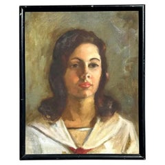 Portrait à l'huile original du milieu du 20e siècle sur toile, encadré