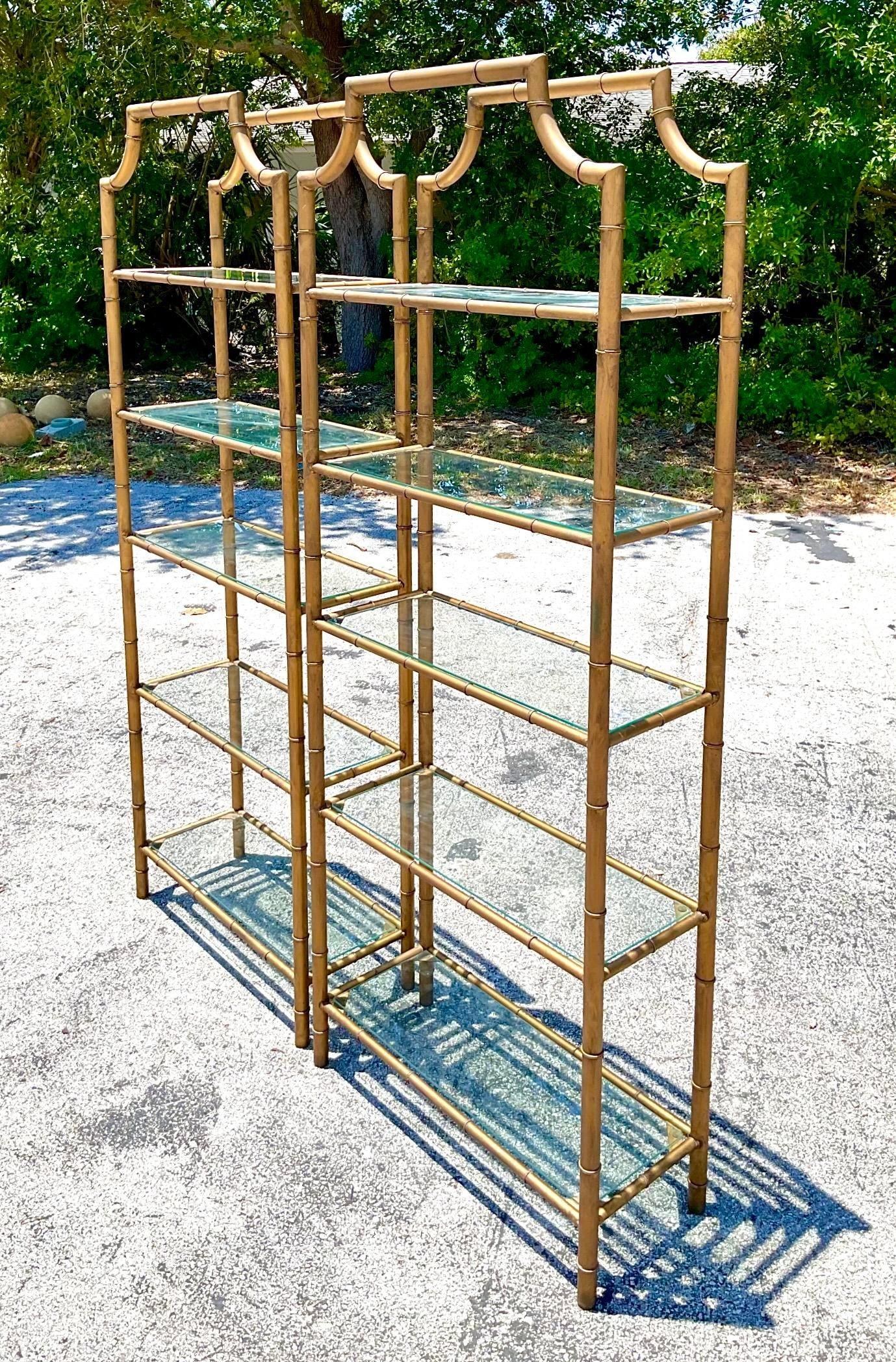 Mid-Century Modern Mid 20th Century Vintage Pagoda Burnished Gilt Etagere - a Pair