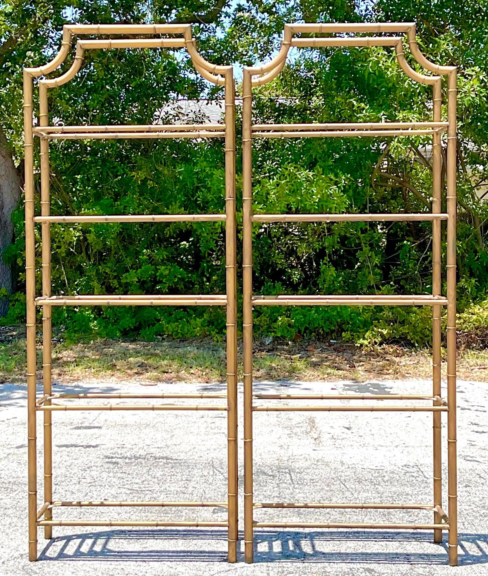 American Mid 20th Century Vintage Pagoda Burnished Brass Pagoda Etagere - a Pair For Sale