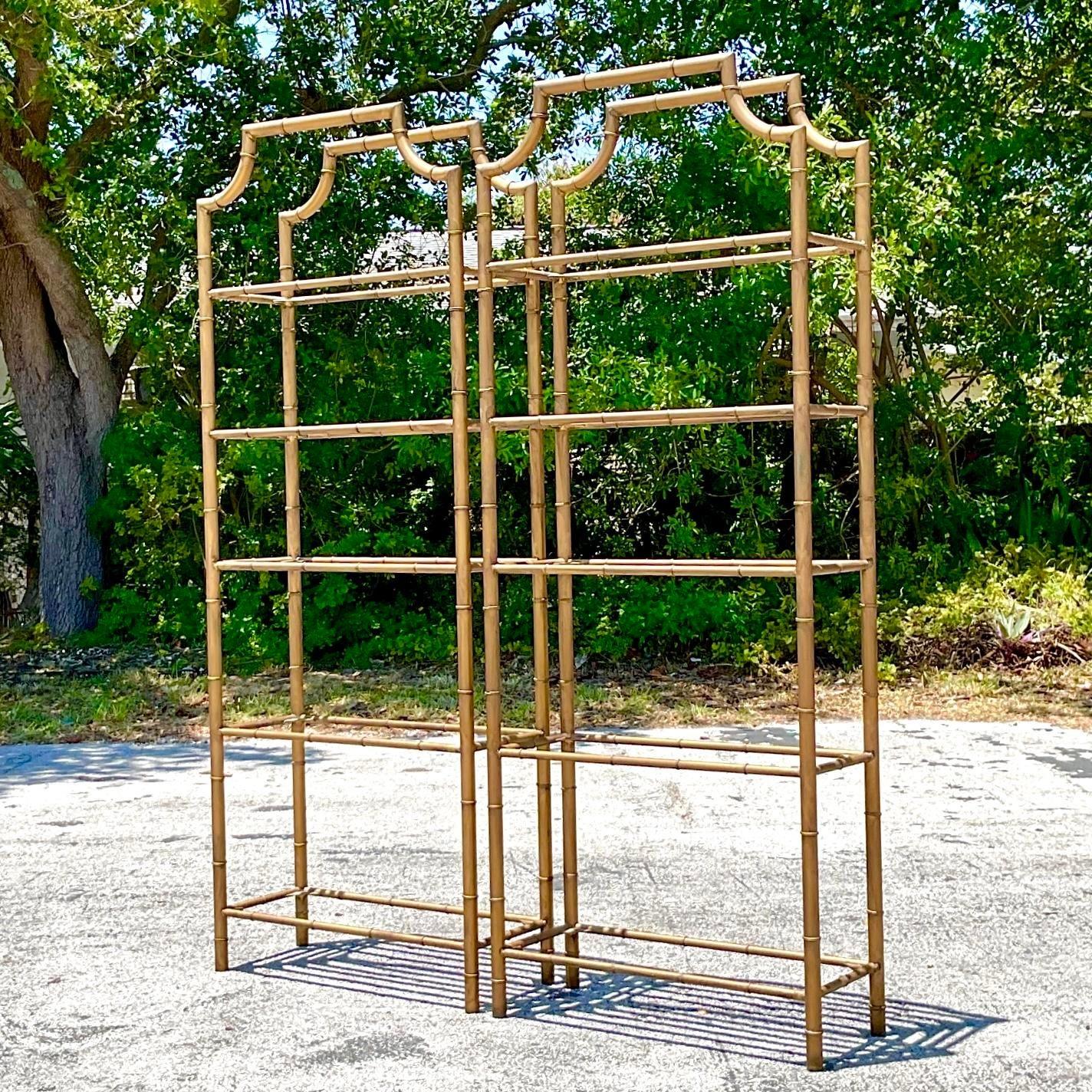 Mid 20th Century Vintage Pagoda Burnished Brass Pagoda Etagere - a Pair In Good Condition For Sale In west palm beach, FL