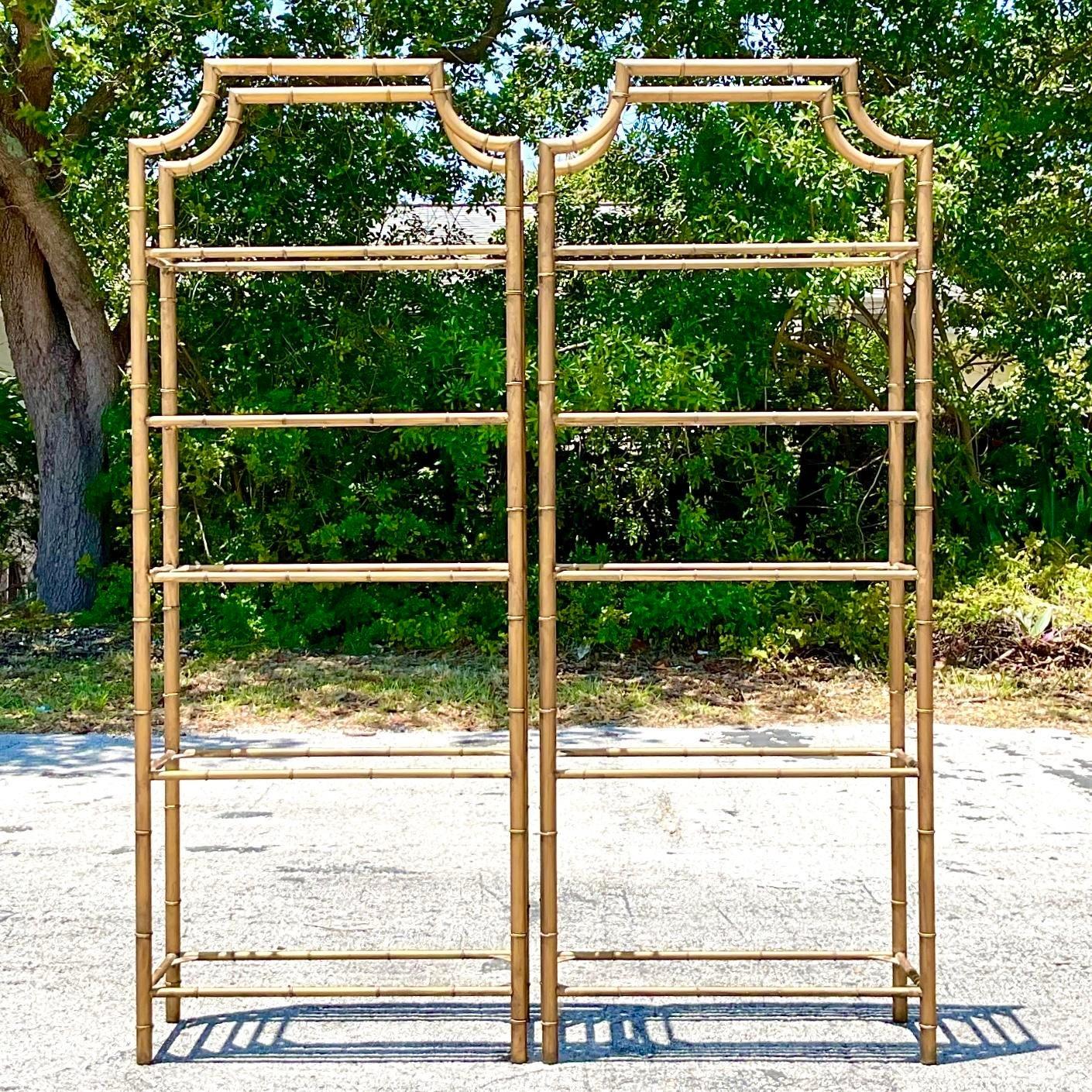 Metal Mid 20th Century Vintage Pagoda Burnished Brass Pagoda Etagere - a Pair For Sale