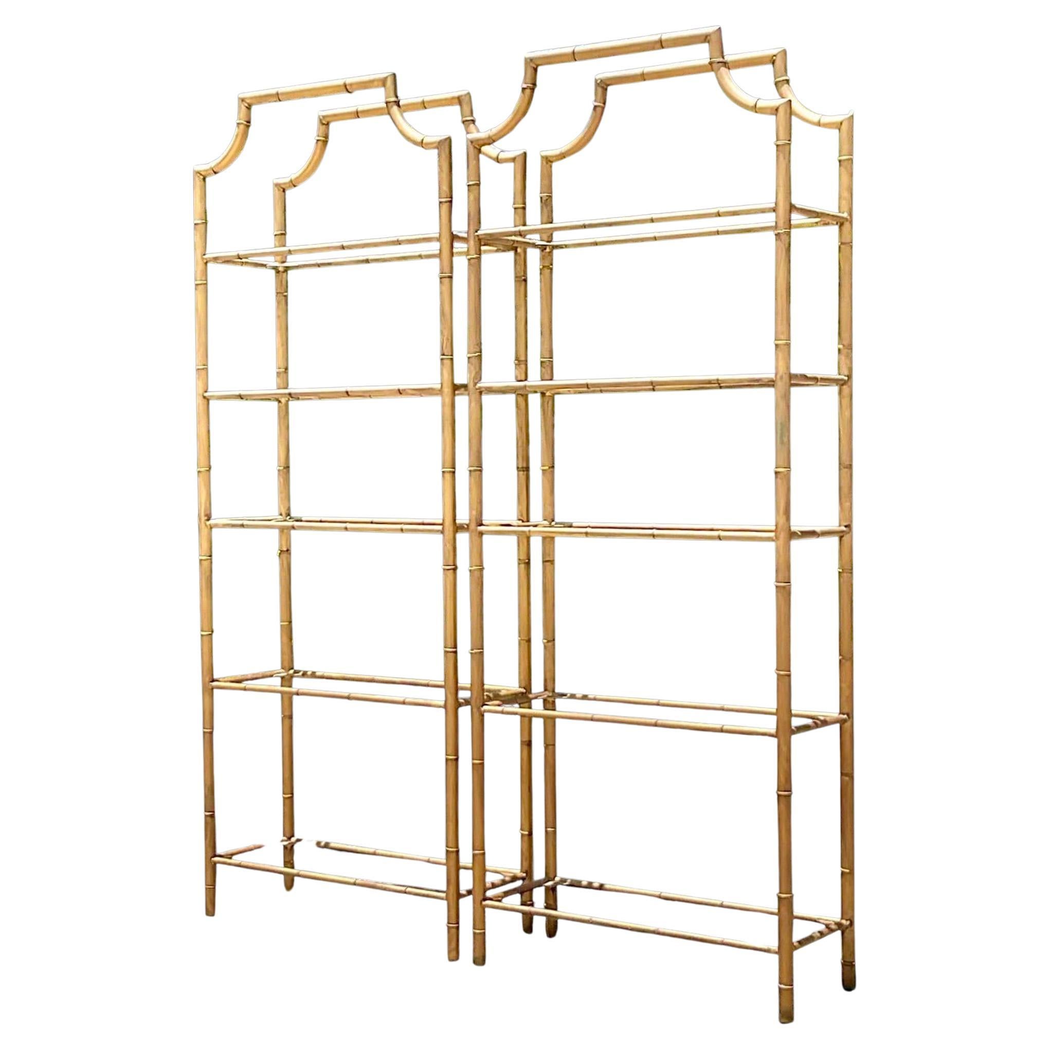 Mid 20th Century Vintage Pagoda Burnished Brass Pagoda Etagere - a Pair For Sale