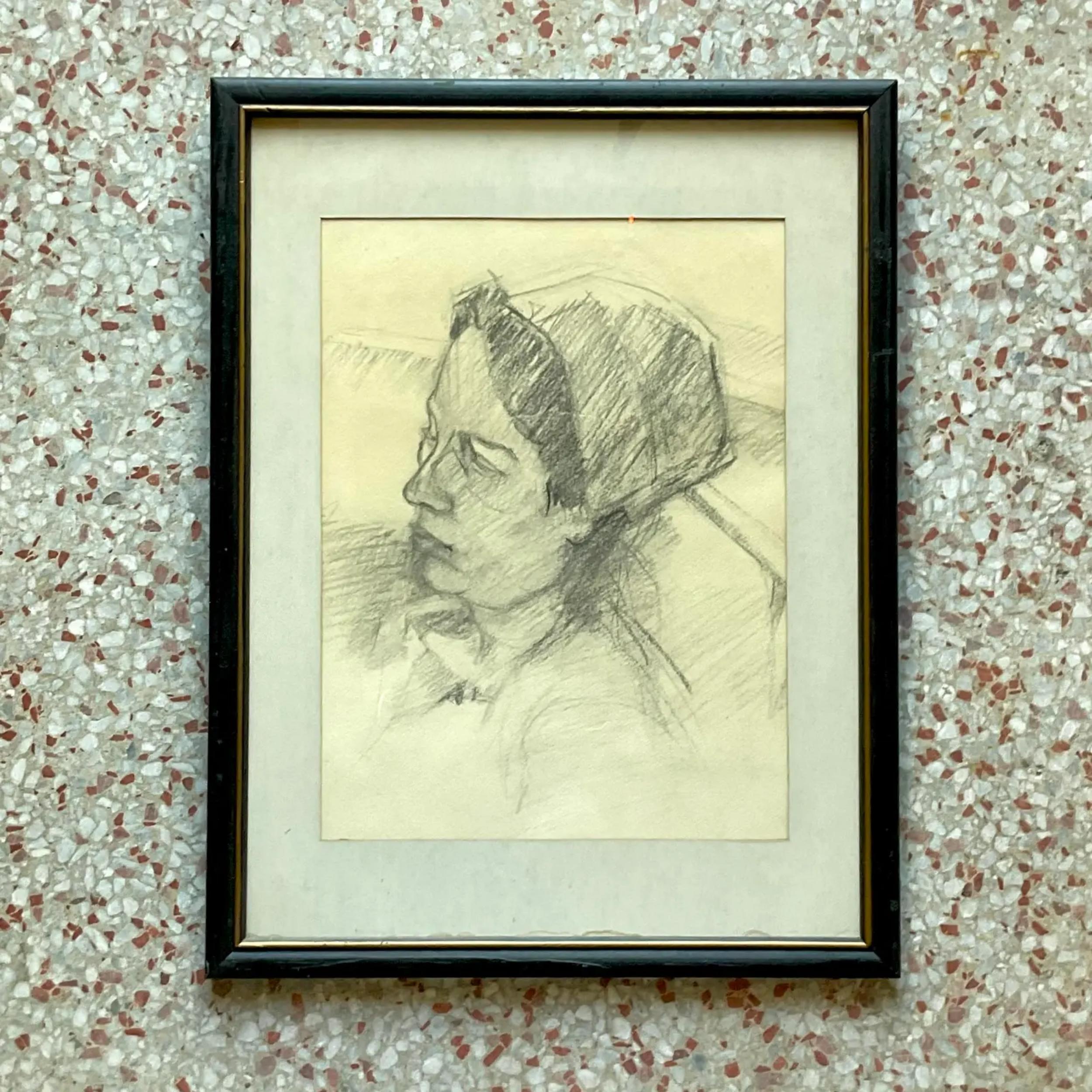 A Vintage Boho pencil sketch of a woman. A chic pencil on paper composition. Quiet and charming. Unsigned. Acquired from a NY estate