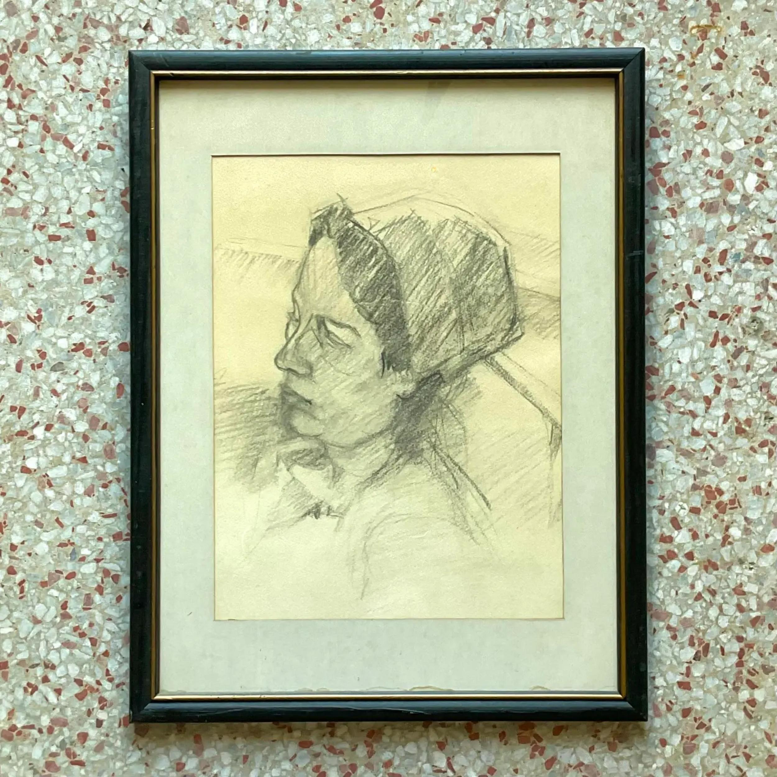 Bohemian Mid 20th Century Vintage Pencil Sketch of Woman in Hat For Sale