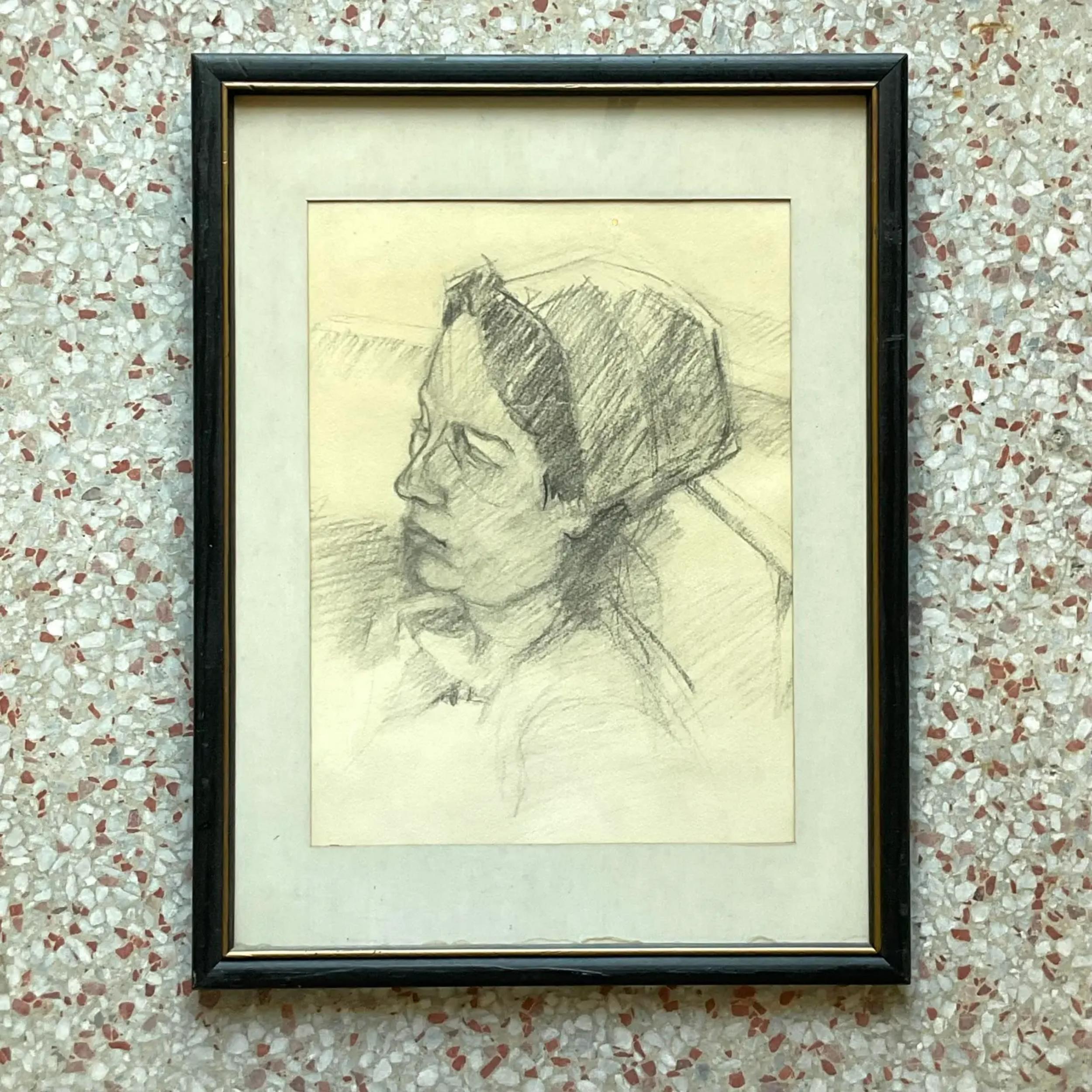 American Mid 20th Century Vintage Pencil Sketch of Woman in Hat For Sale