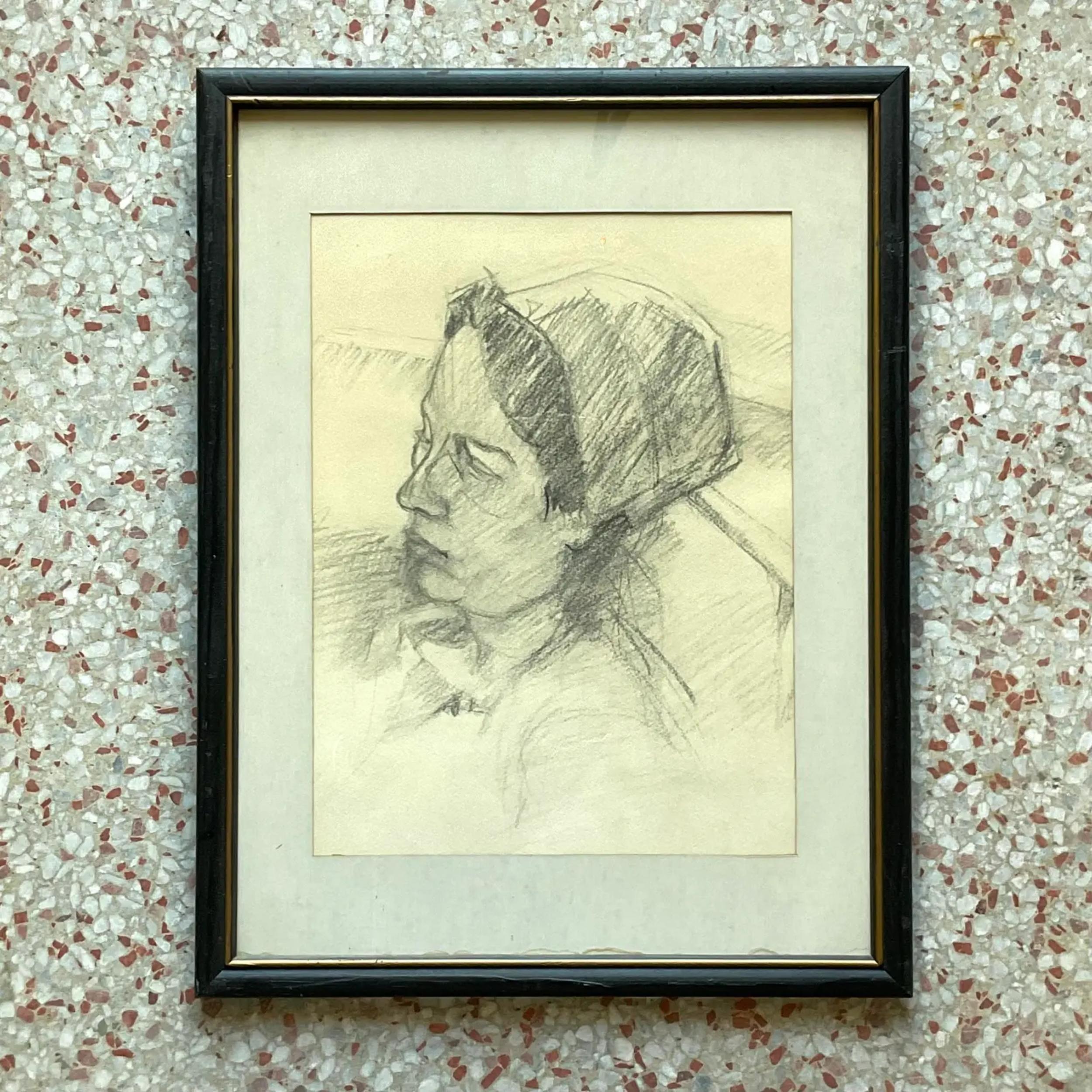Mid 20th Century Vintage Pencil Sketch of Woman in Hat In Good Condition For Sale In west palm beach, FL