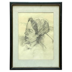 Mid 20th Century Vintage Pencil Sketch of Woman in Hat