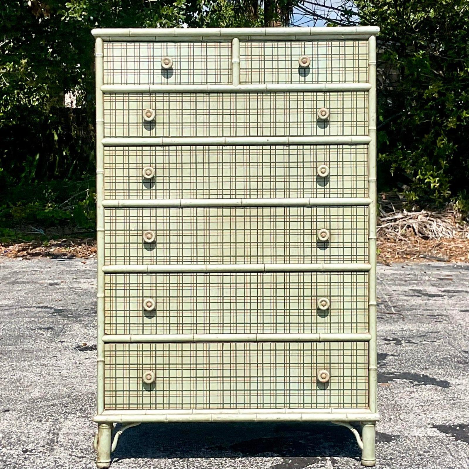 A fantastic vintage tall chest with seven drawers trimmed in faux-bamboo. Painted sage green with hand painted plaid in green, taupe and cocoa. Acquired at a Palm Beach estate.