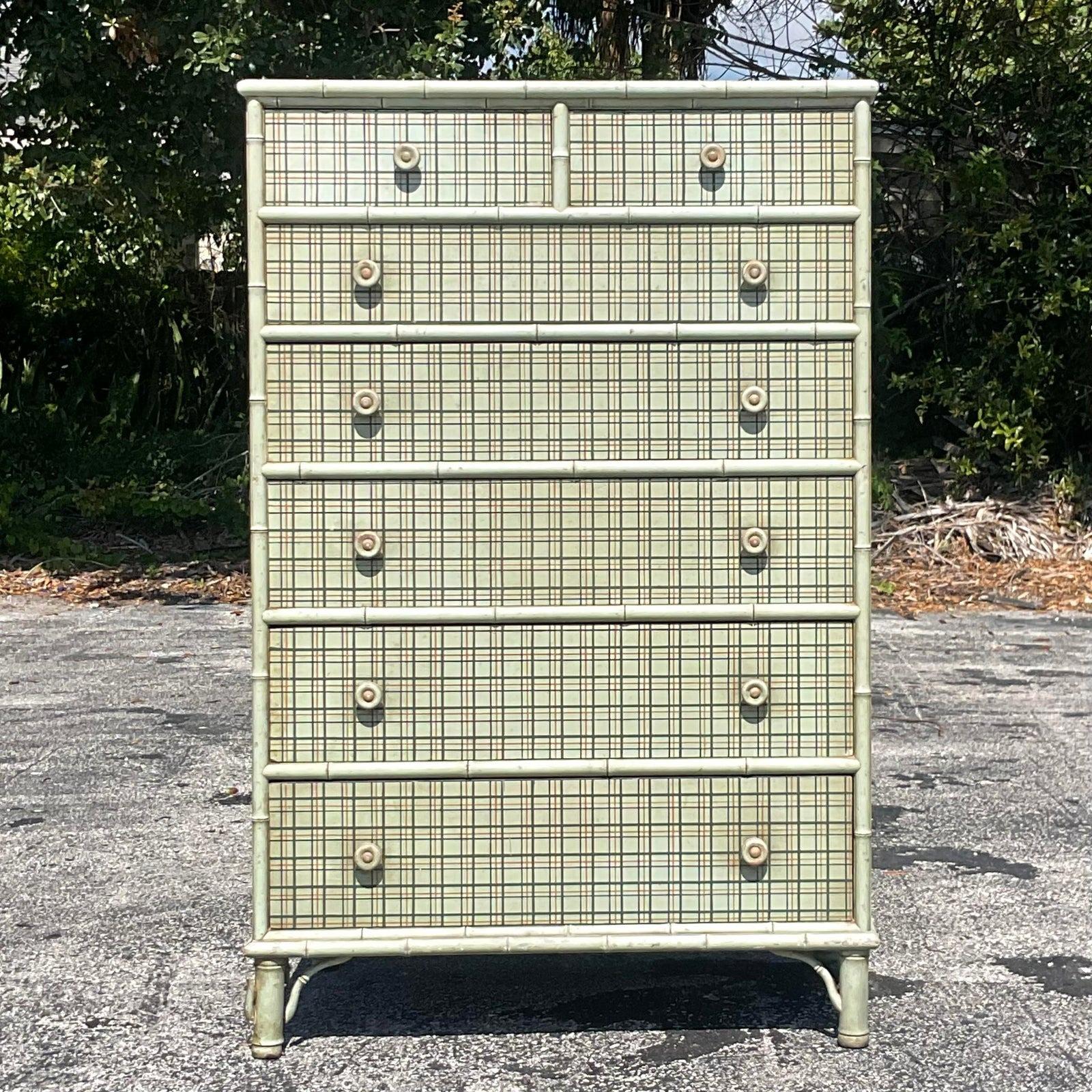 North American Mid-20th Century Vintage Plaid Tall Chest of Drawers