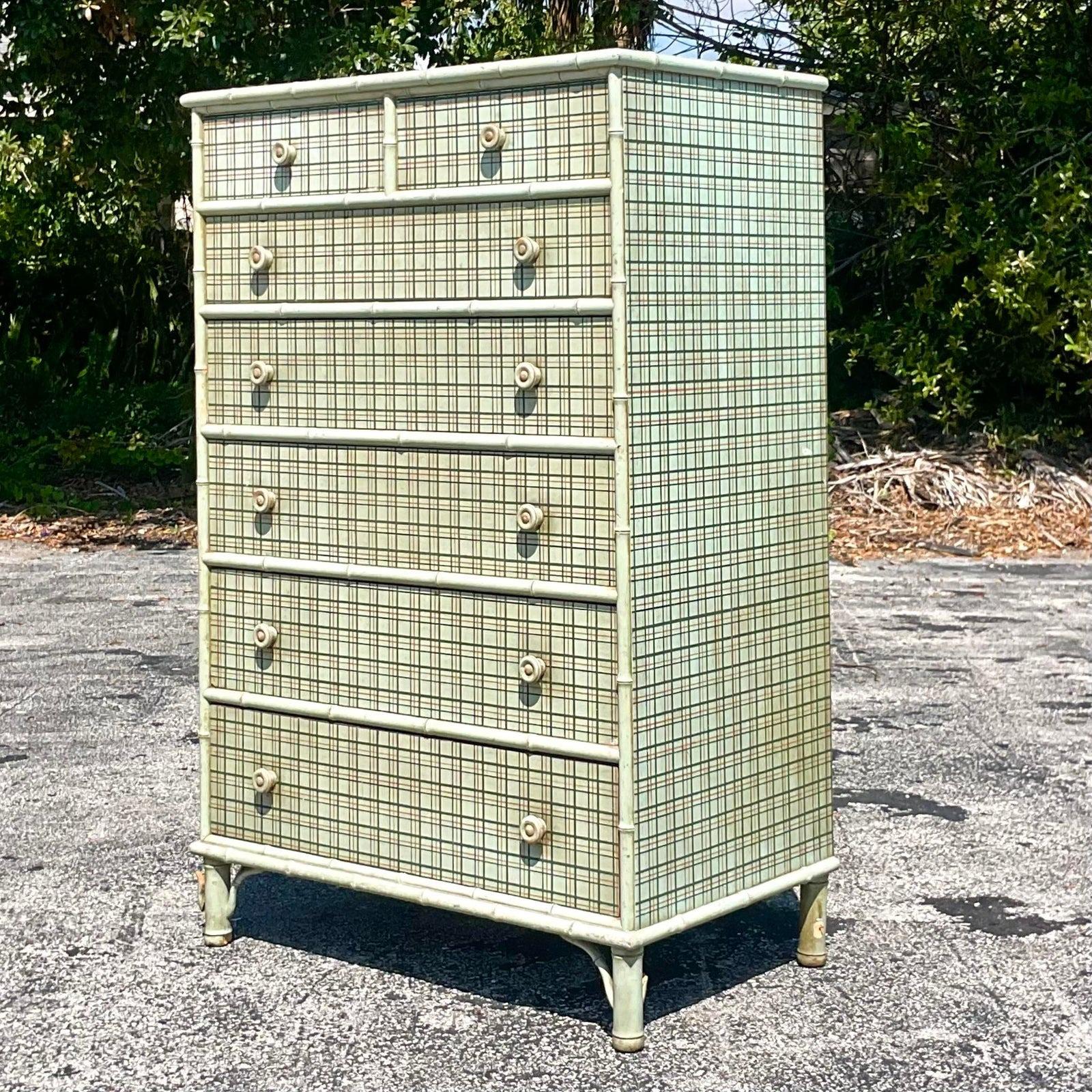 Mid-20th Century Vintage Plaid Tall Chest of Drawers In Good Condition In west palm beach, FL