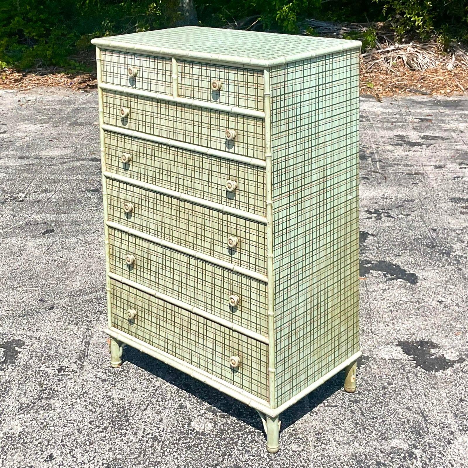 Faux Bamboo Mid-20th Century Vintage Plaid Tall Chest of Drawers