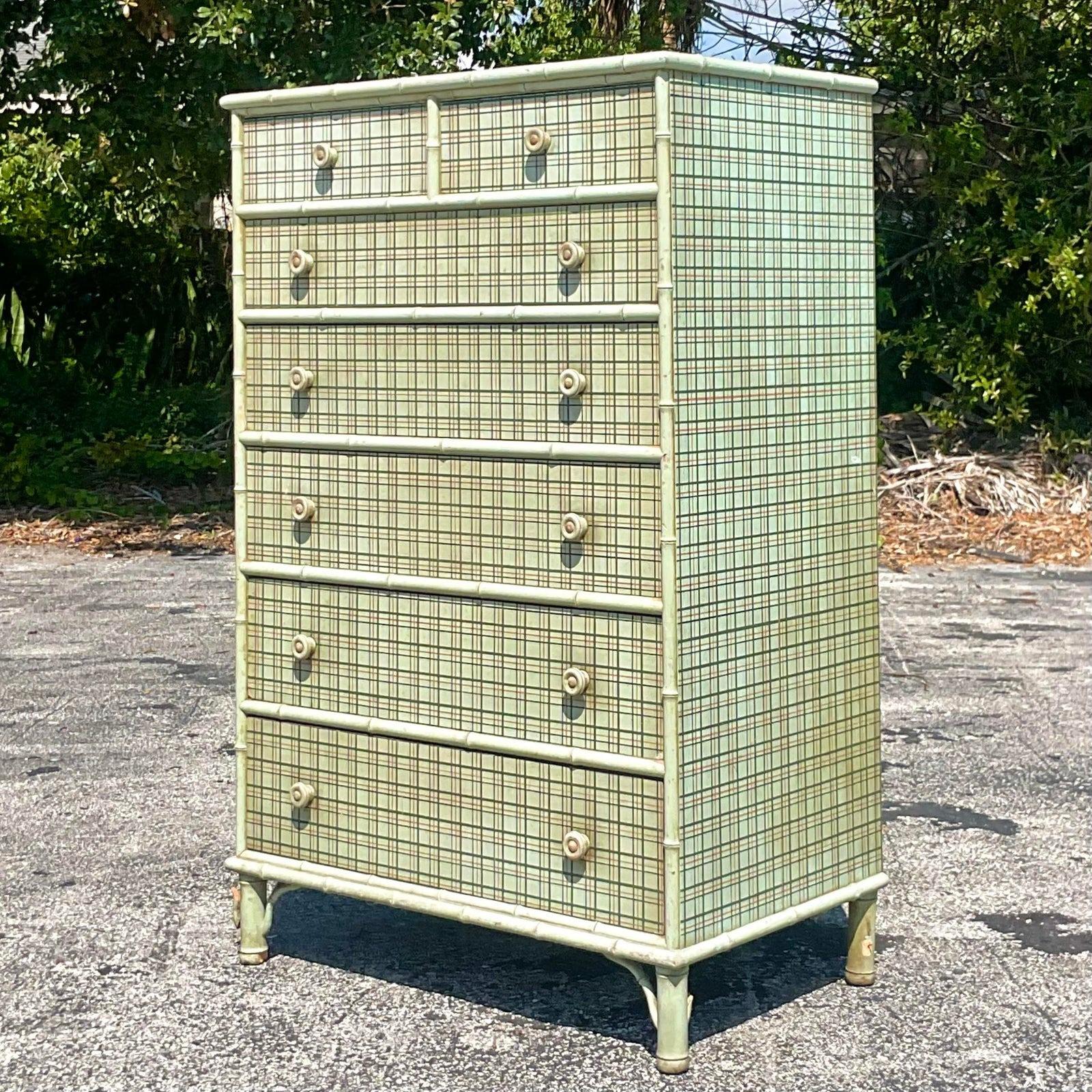 Mid-20th Century Vintage Plaid Tall Chest of Drawers 1