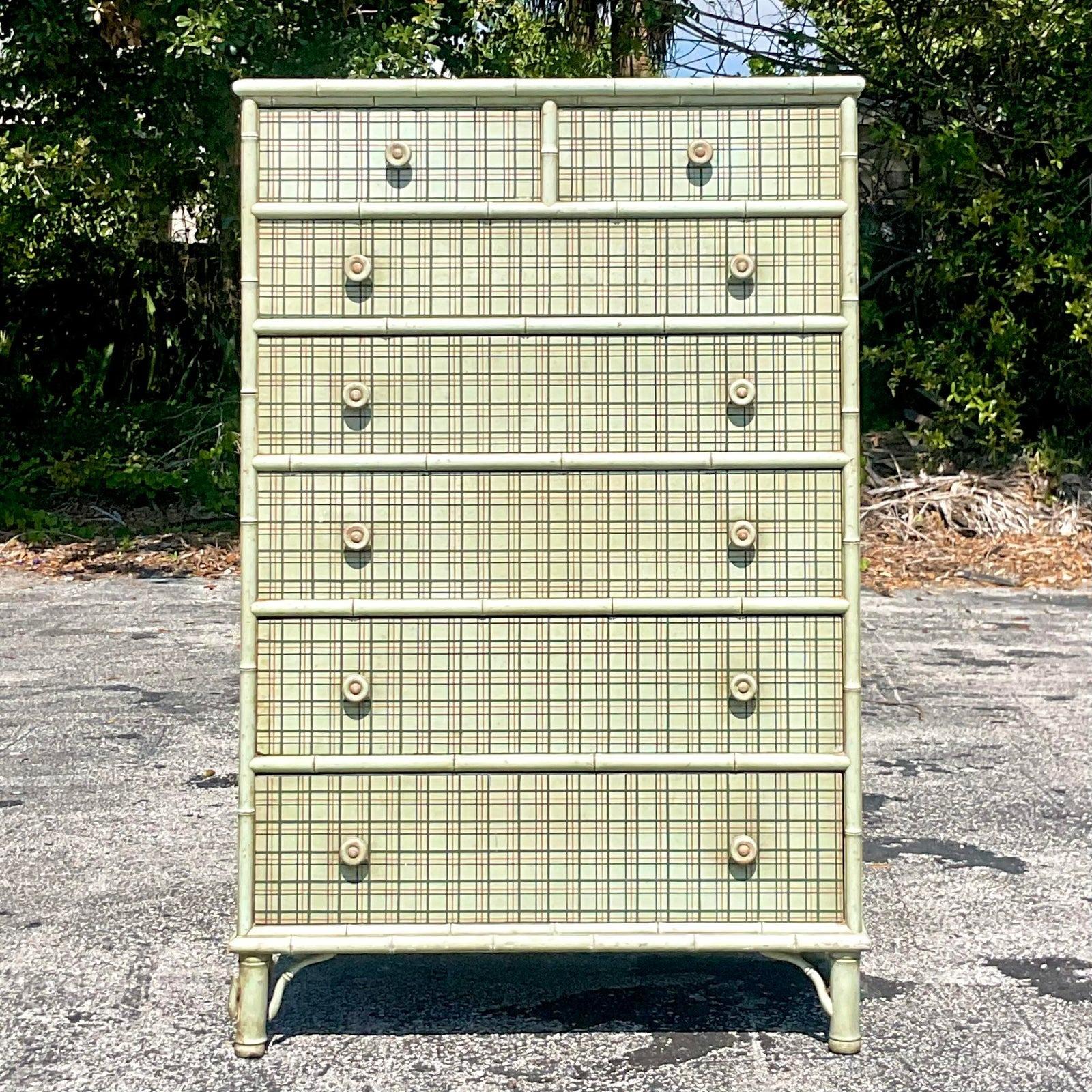 Mid-20th Century Vintage Plaid Tall Chest of Drawers 2