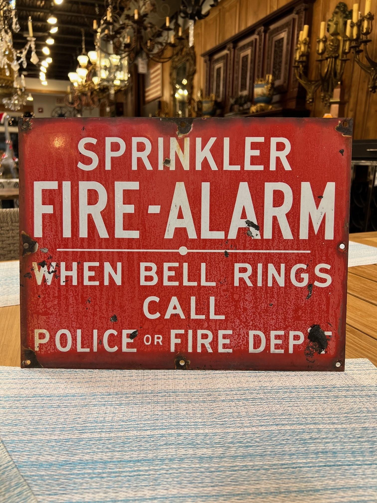 Great Vintage porcelain sign-enameled metal sign, Sprinkler Fire Alarm when bell rings call   Police or Fire Dept. This sign came off an industrial building built in the late 1940s. The sign was attached to the building under a bell that would ring