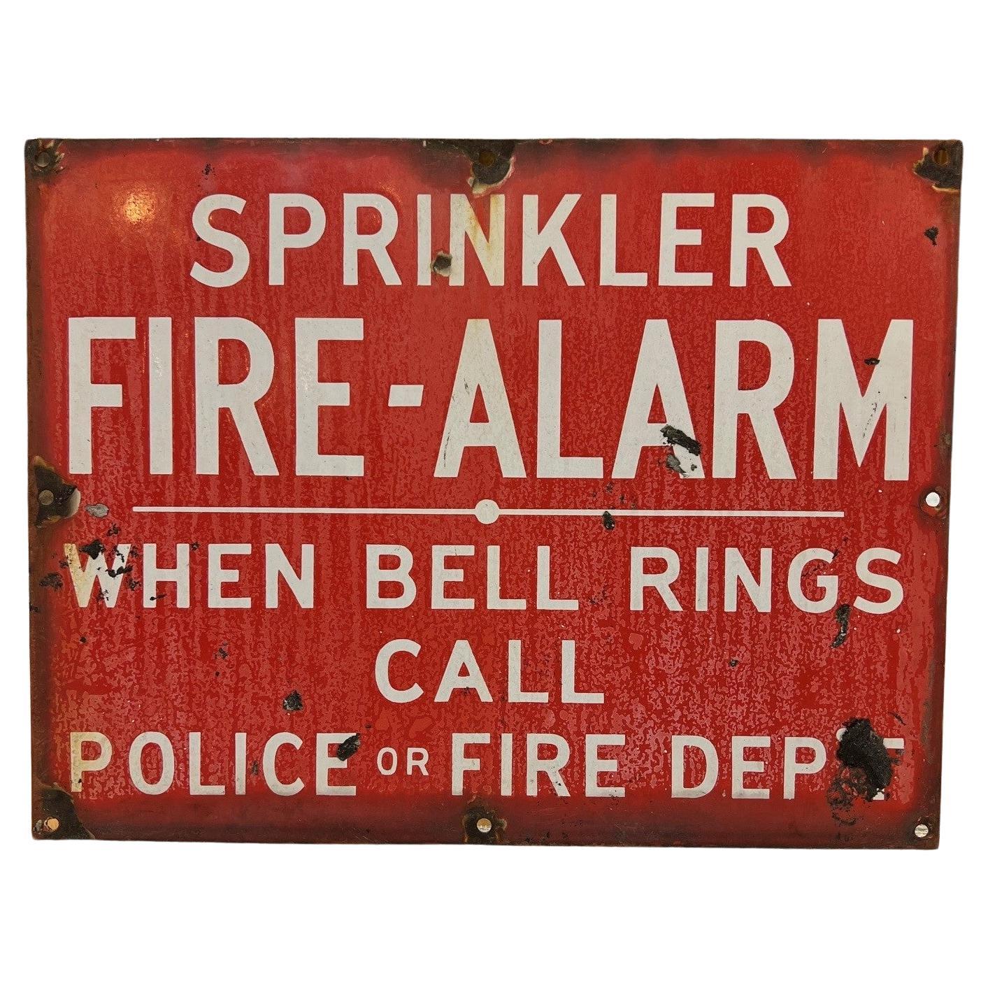 Mid 20th Century Vintage Porcelain Enameled Metal Sprinkler Fire Alarm Sign 