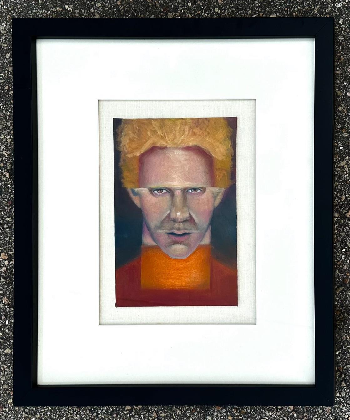 Dieses Porträt im Stil eines Farbblocks ist ein echter Blickfang. Das Stück zeigt einen Mann mit einem sehr ernsten Blick. Die Hinzufügung von Rot und Orange, die durch harte Linien voneinander getrennt sind, machen diese Art von Porträt