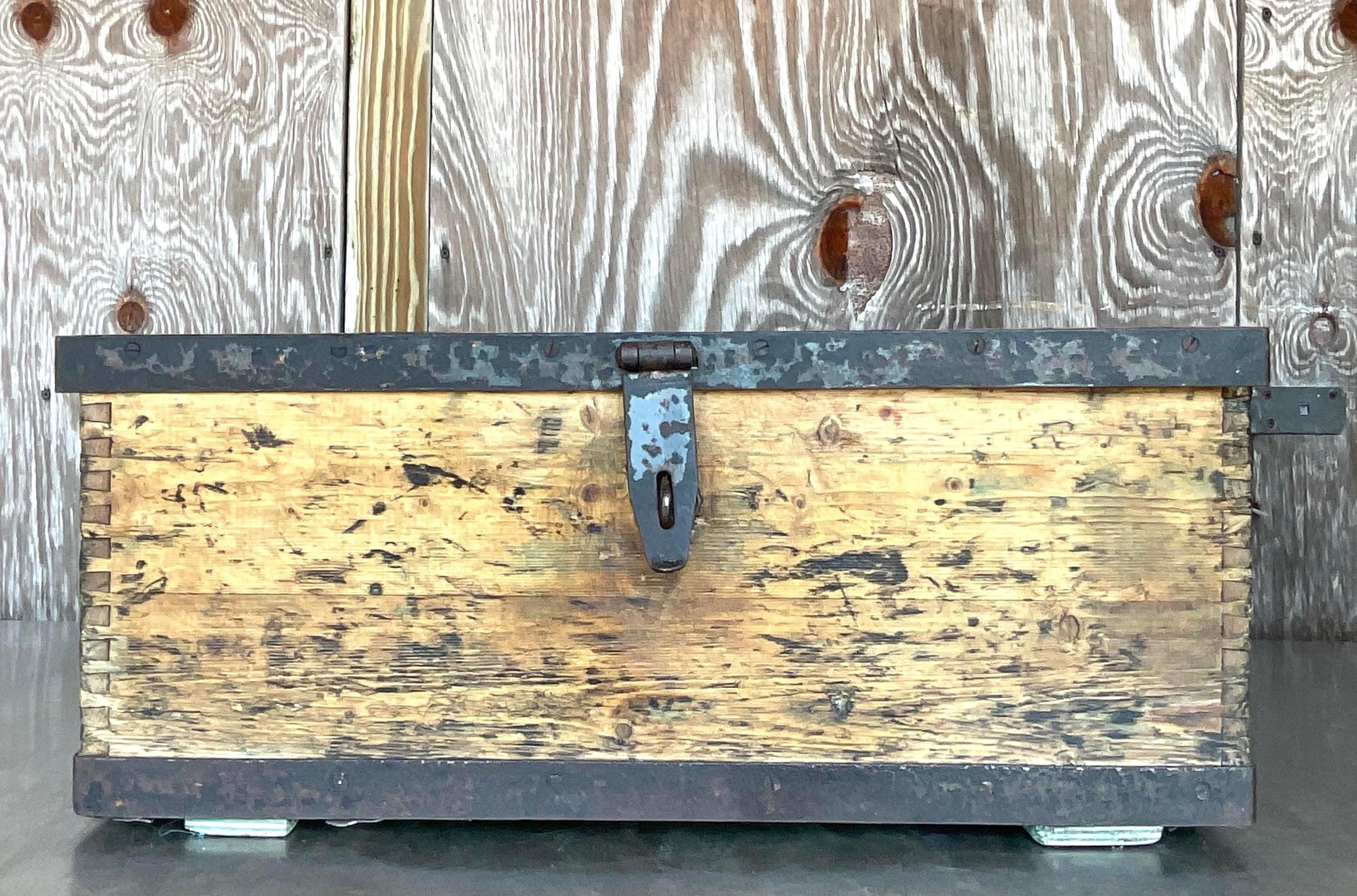 Embrace rustic Americana charm with this Vintage Primitive Jockey Plank Chest. Crafted with sturdy planks and adorned with classic jockey imagery, this chest exudes frontier spirit and timeless appeal, adding a touch of nostalgia and character to