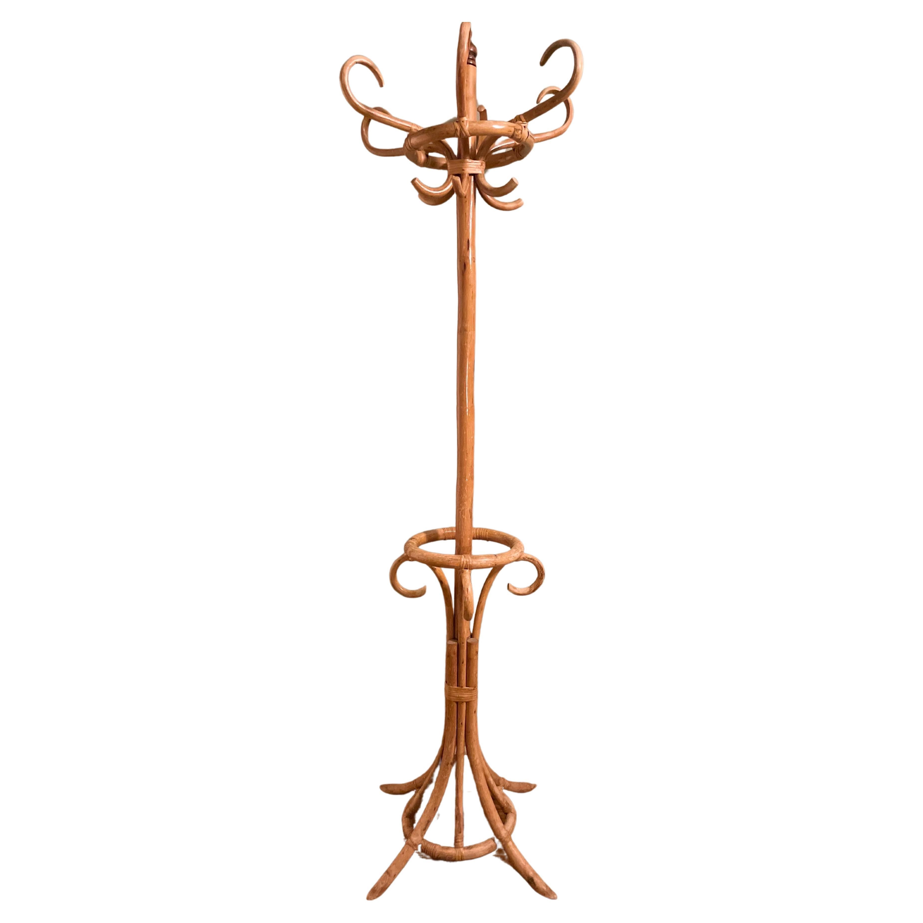 Mid 20th Century Vintage Rattan Hat Coat Rack For Sale