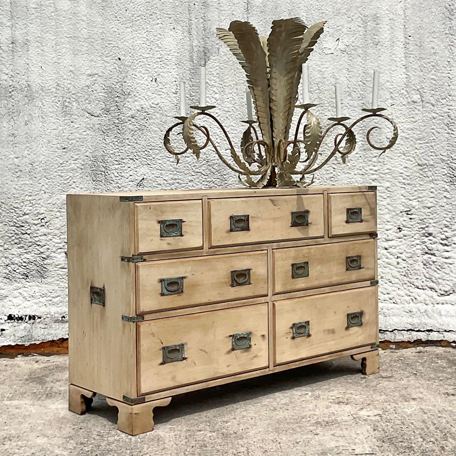Mid 20th Century Vintage Regency Bleached Wood Campaign Dresser In Good Condition For Sale In west palm beach, FL