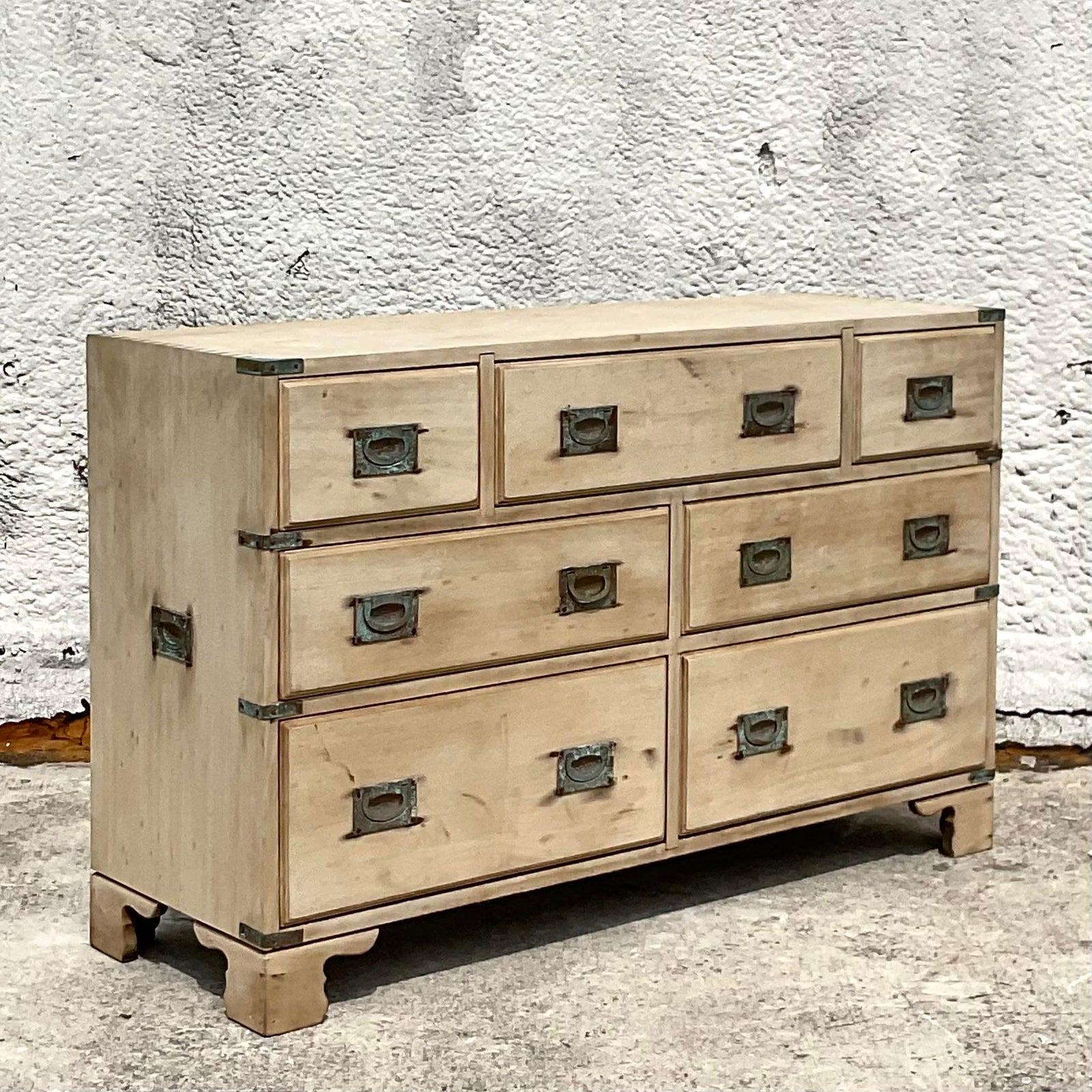 Mid 20th Century Vintage Regency Bleached Wood Campaign Dresser For Sale 1
