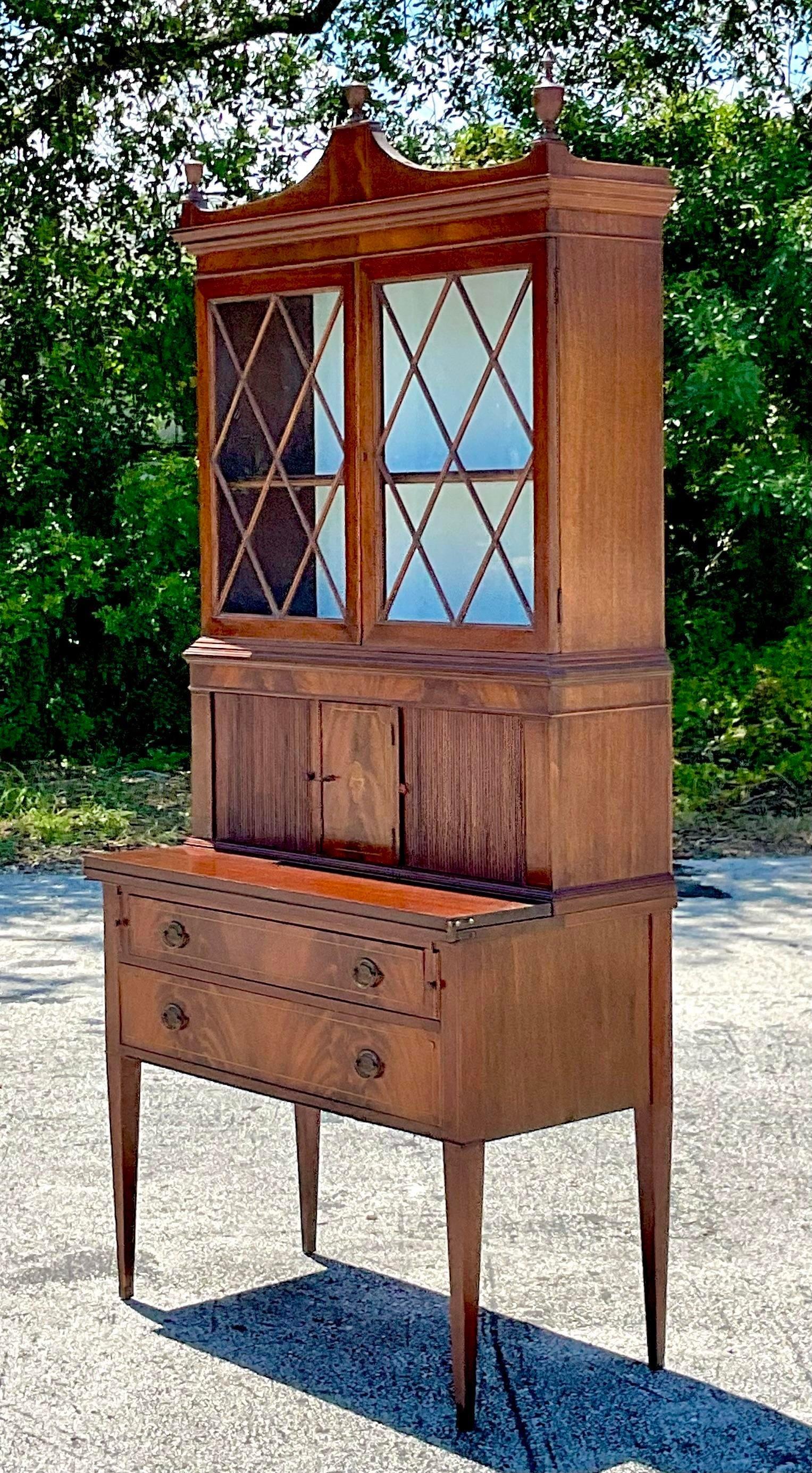 Glass Mid 20th Century Vintage Regency Flame Mahogany Secretary Desk For Sale