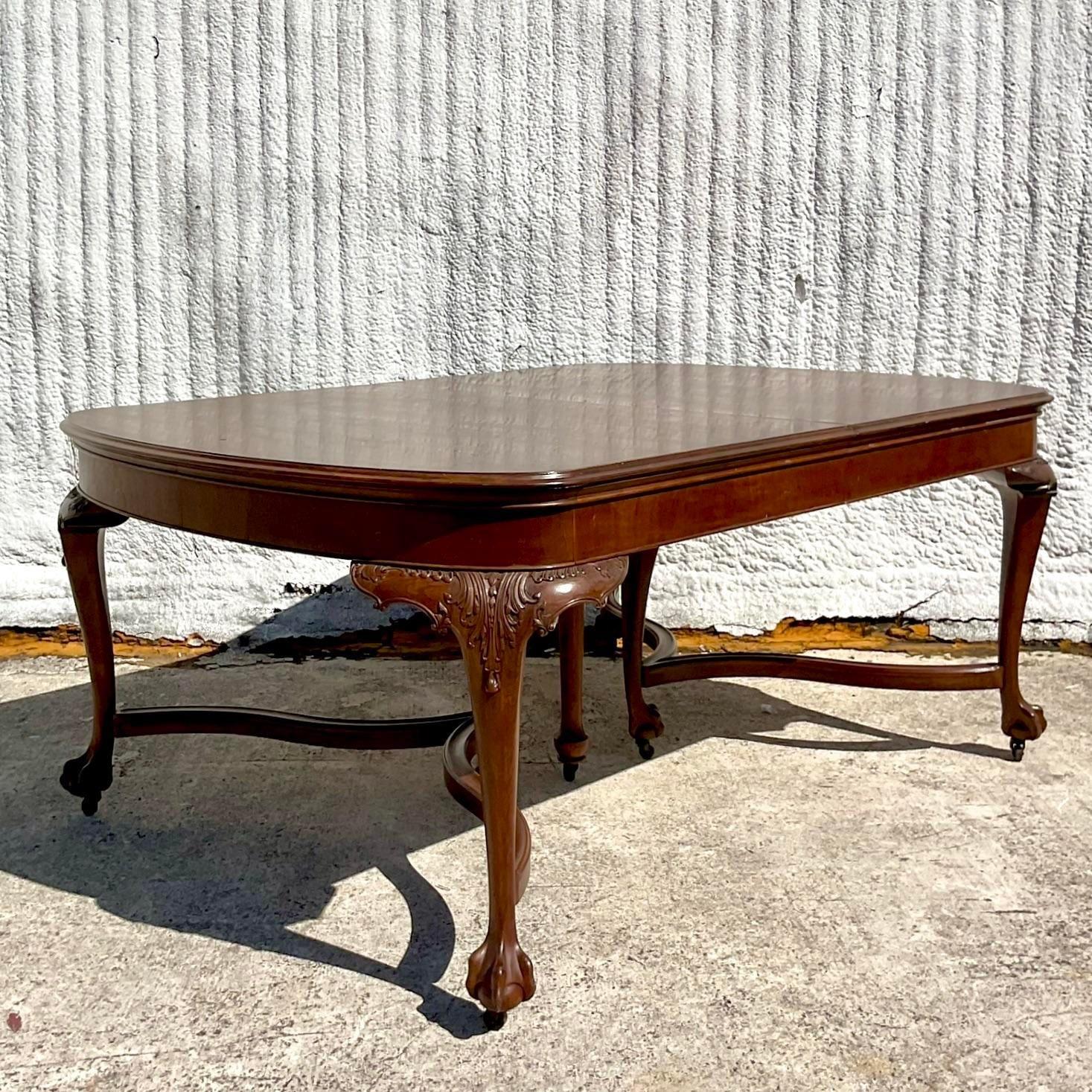 Metal Mid 20th Century Vintage Regency Hand Carved Queen Anne Extendable Dining Table For Sale